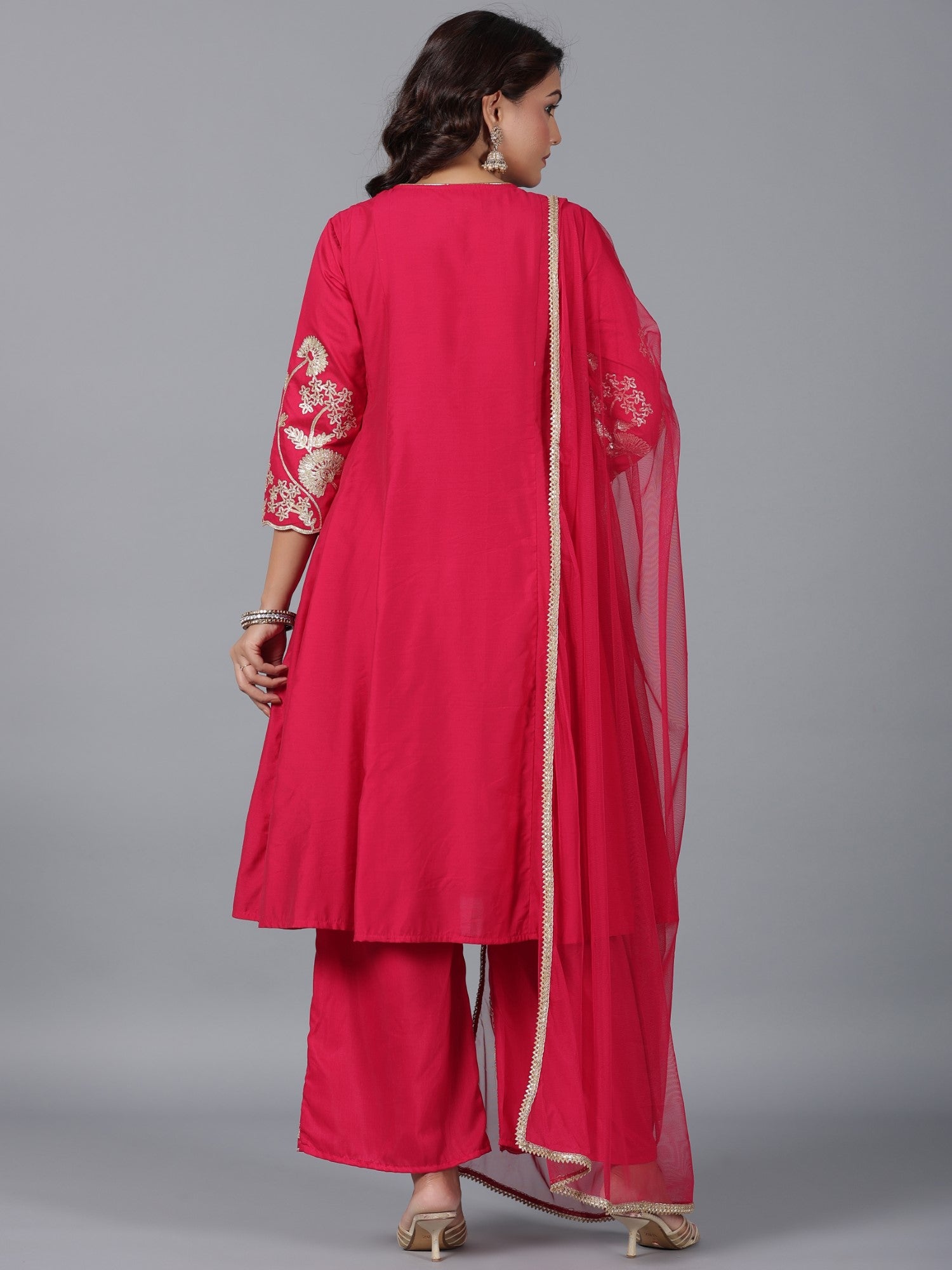 Juniper Women Fuchsia Chanderi Gota Patti Kurta, Palazzo & Dupatta Set
