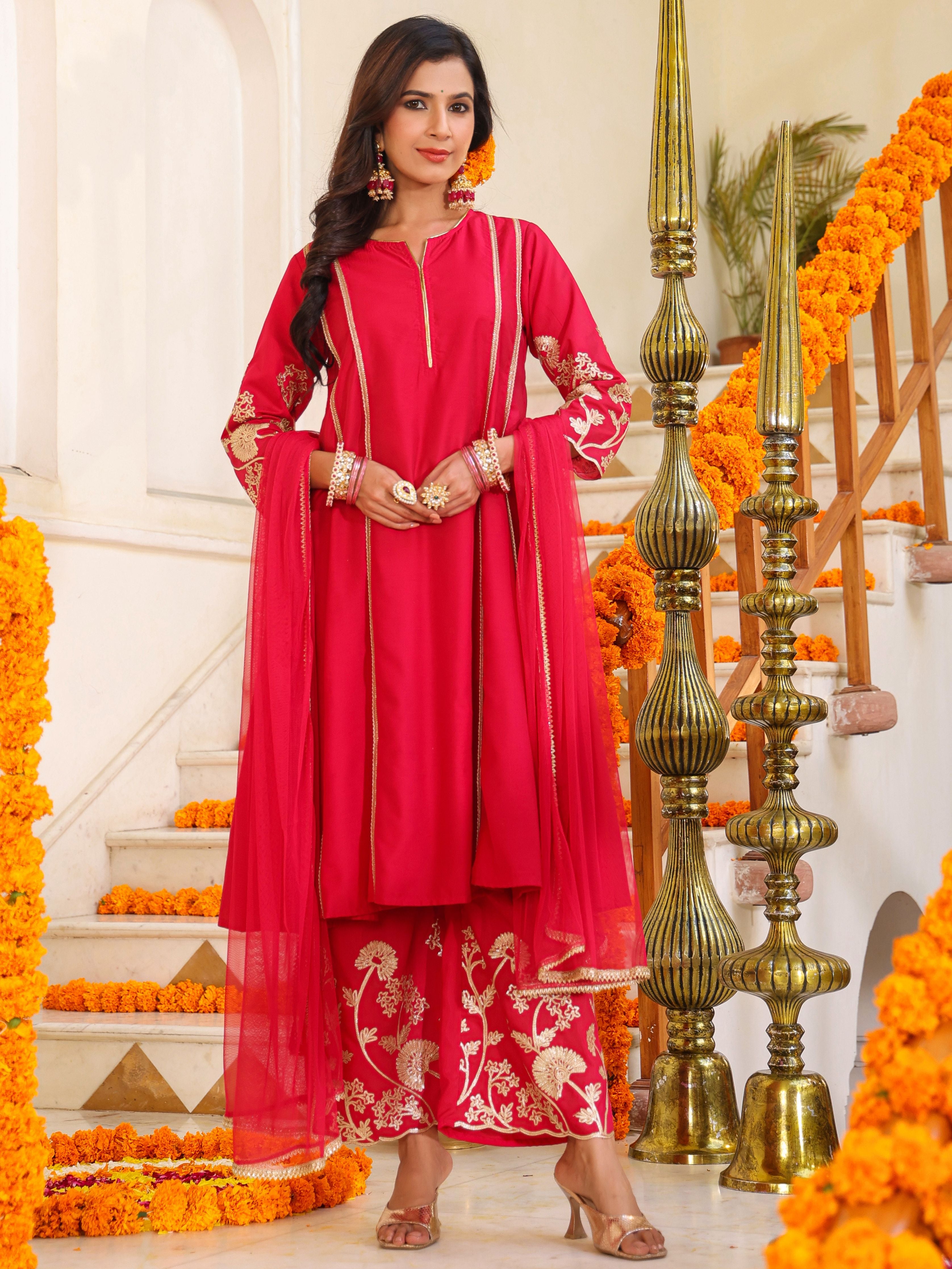 Juniper Women Fuchsia Chanderi Gota Patti Kurta, Palazzo & Dupatta Set