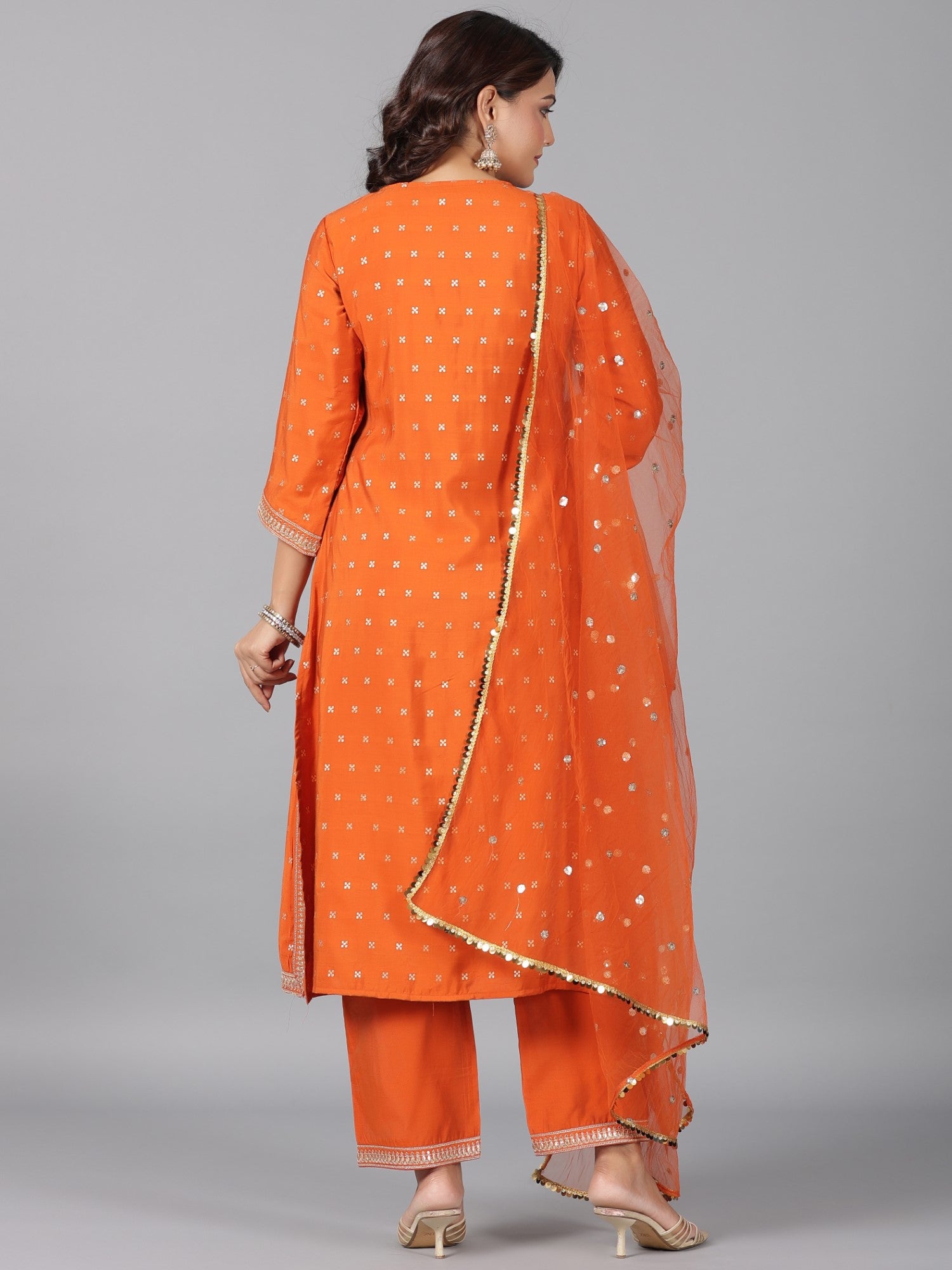 Juniper Women Orange Chanderi Embroidered Kurta, Palazzo & Dupatta Set