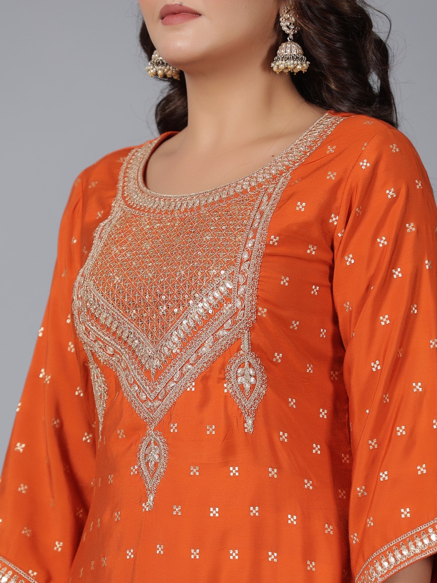 Juniper Women Orange Chanderi Embroidered Kurta, Palazzo & Dupatta Set