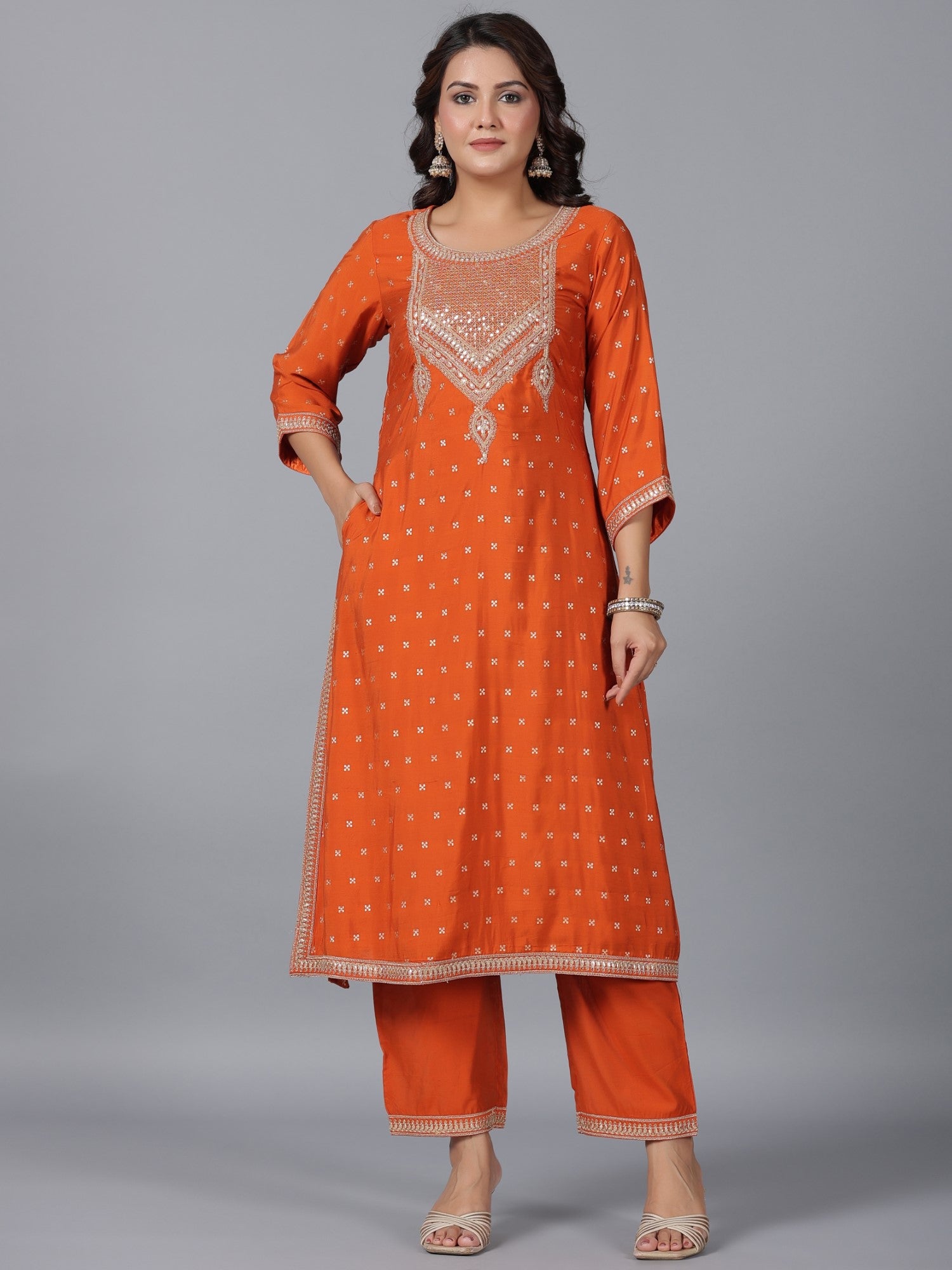Juniper Women Orange Chanderi Embroidered Kurta, Palazzo & Dupatta Set