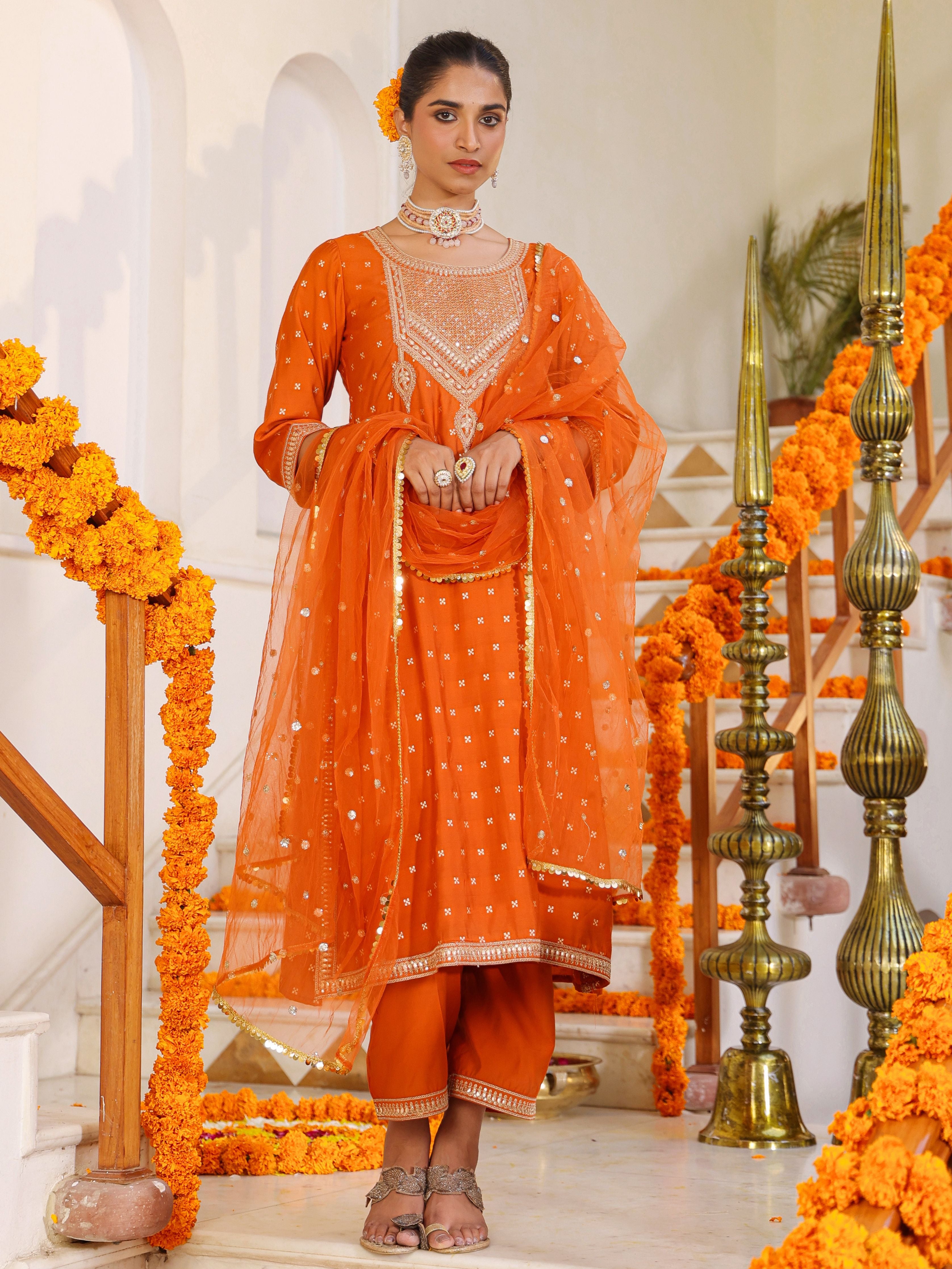 Juniper Women Orange Chanderi Embroidered Kurta, Palazzo & Dupatta Set