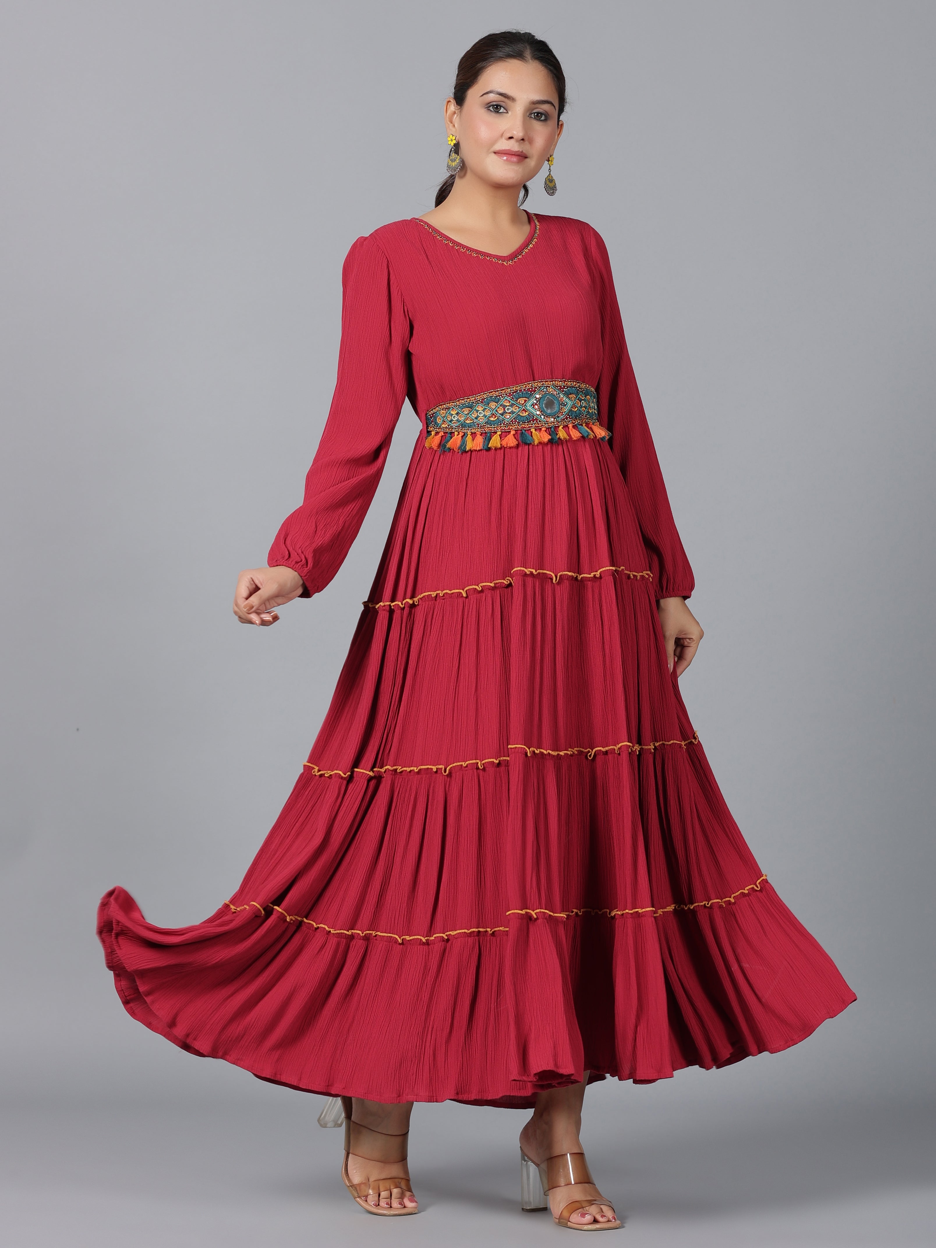 Juniper Maroon Ethnic Motif Printed Rayon Crepe Tiered Maxi Dress With Thread Work Embroidery