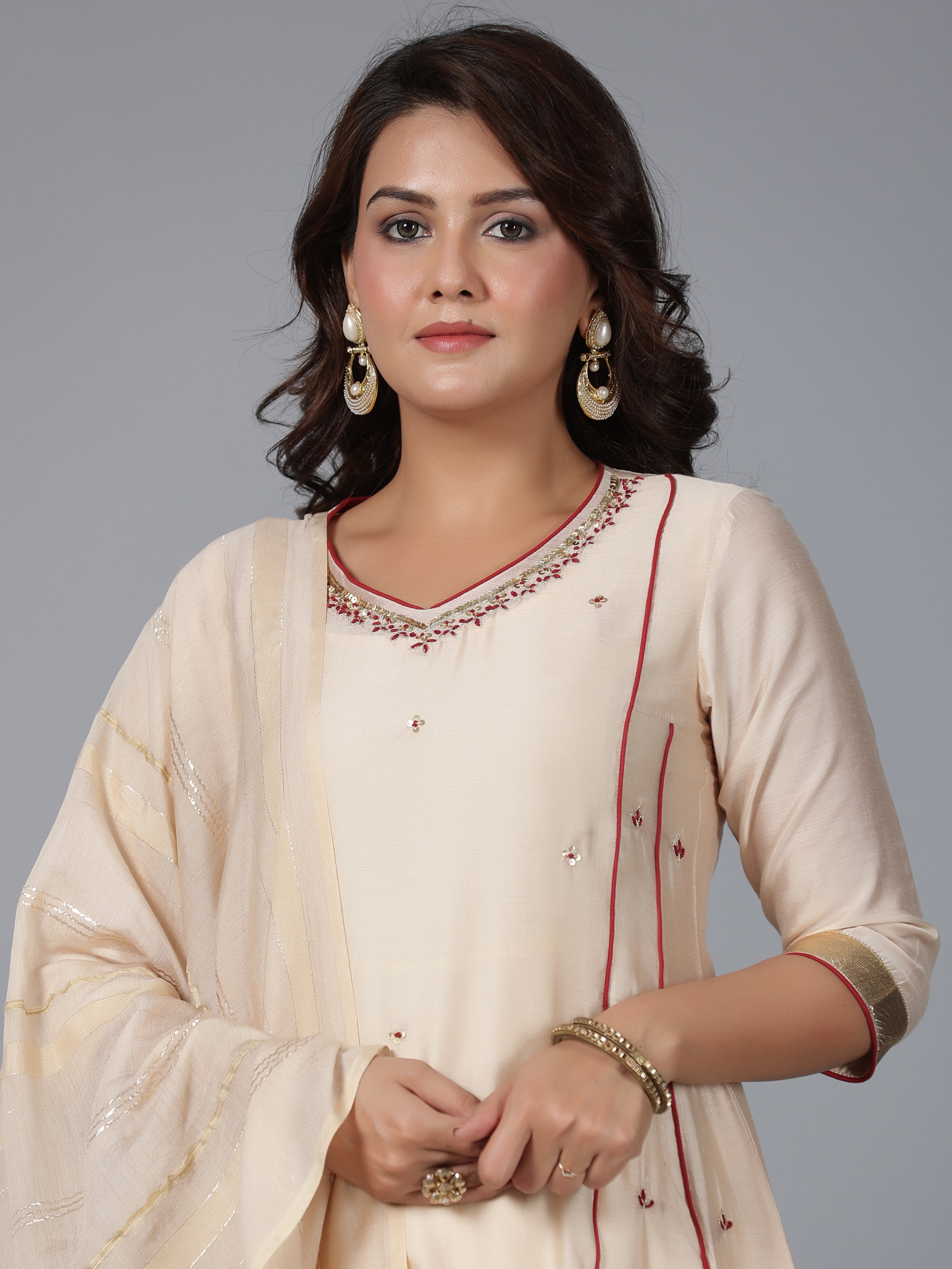 Juniper Women Beige Chanderi Embroidered Kurta, Pants & Dupatta Set