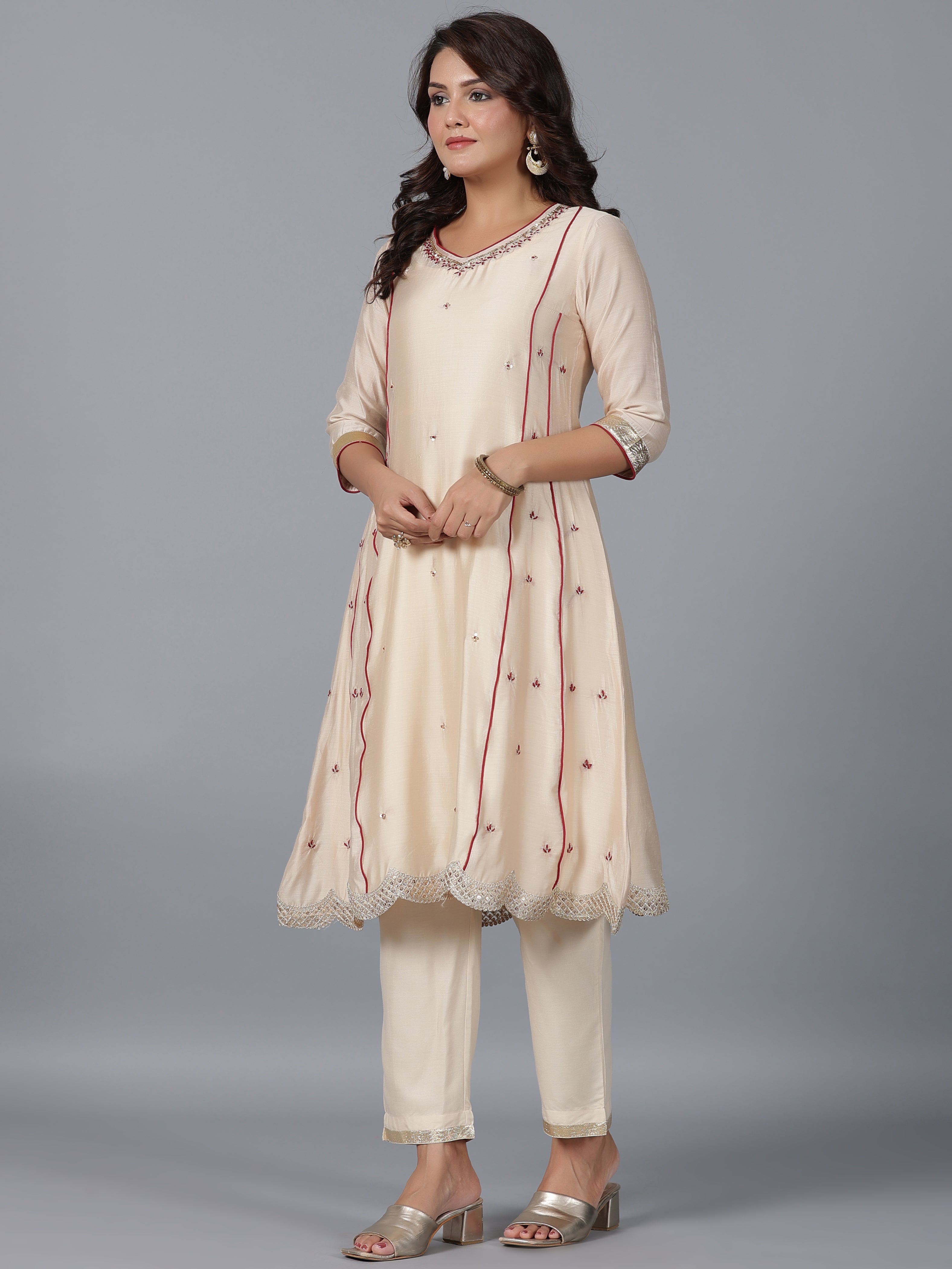Juniper Women Beige Chanderi Embroidered Kurta, Pants & Dupatta Set