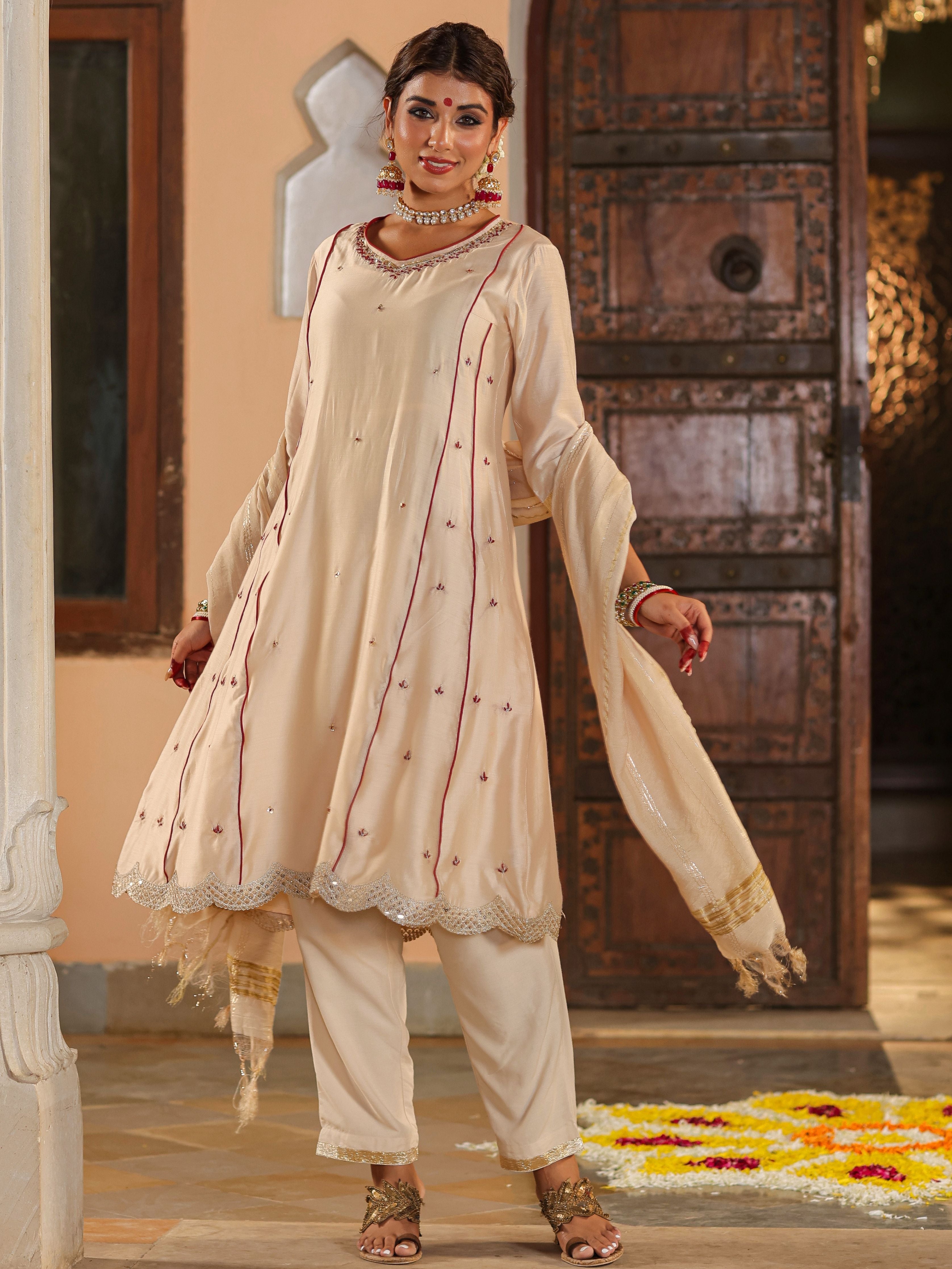 Juniper Women Beige Chanderi Embroidered Kurta, Pants & Dupatta Set