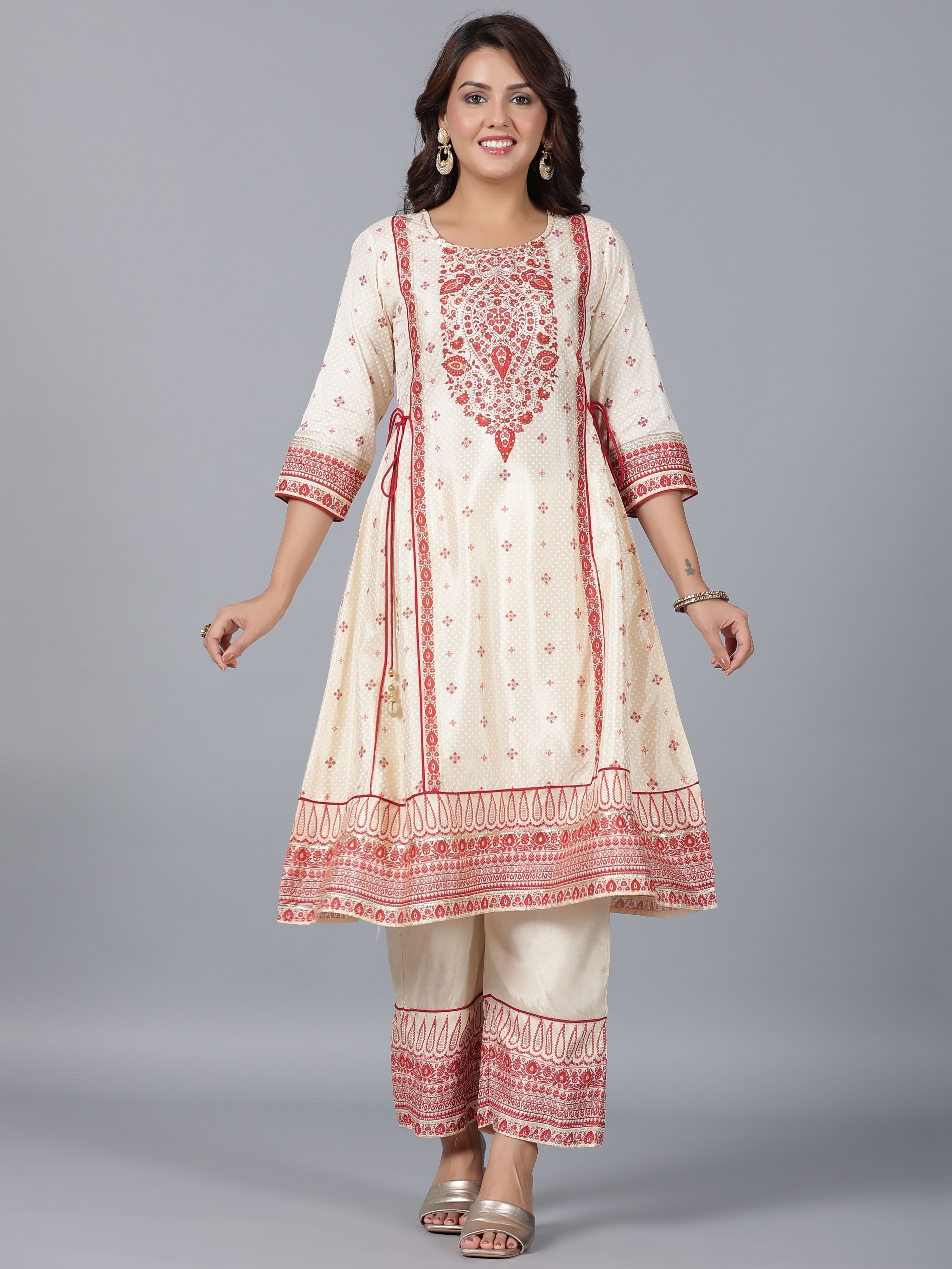Juniper Women Beige Viscose Shantoon Printed Kurta, Pants & Dupatta Set