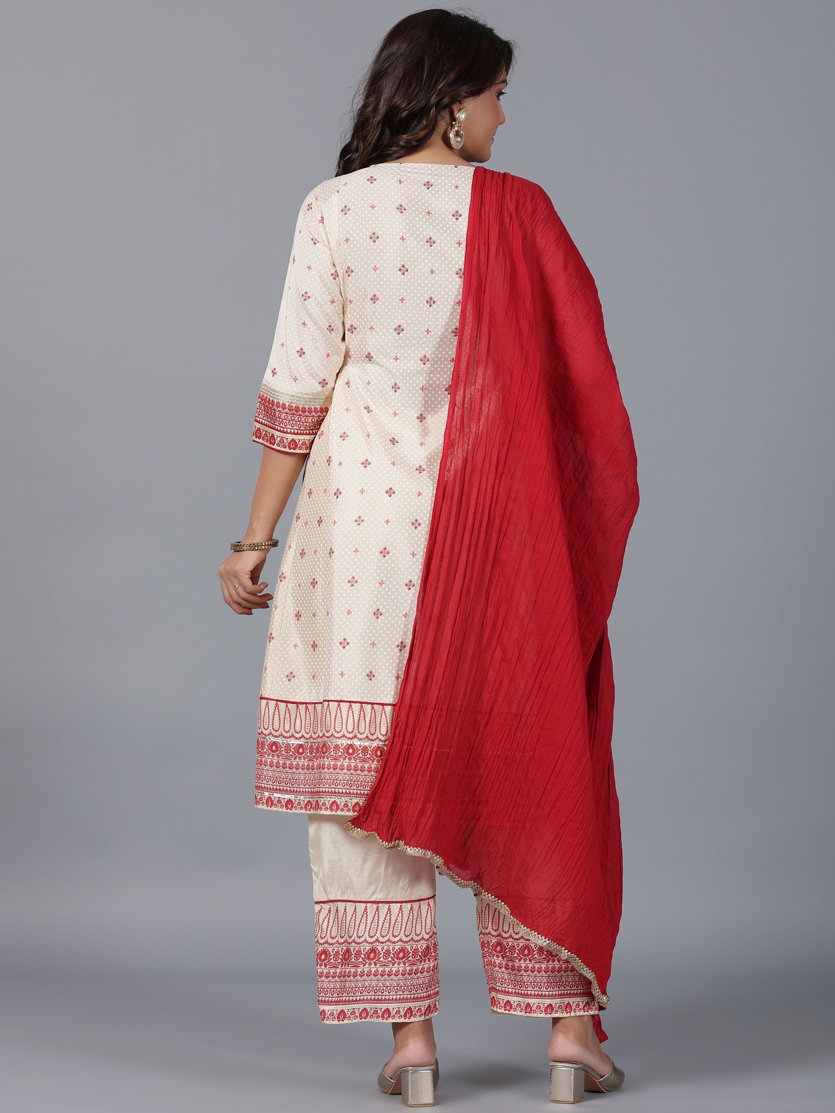 Juniper Women Beige Viscose Shantoon Printed Kurta, Pants & Dupatta Set