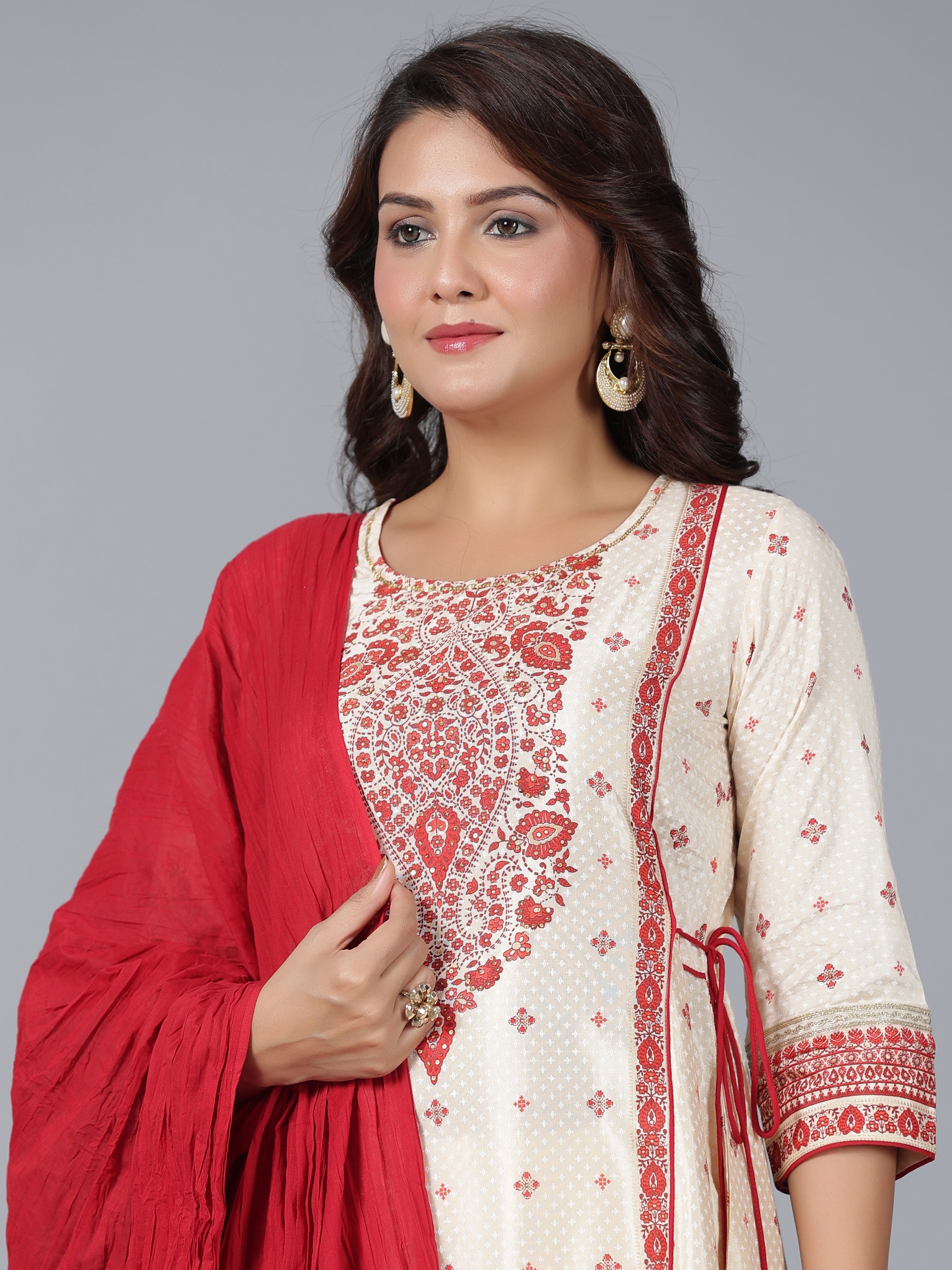 Juniper Women Beige Viscose Shantoon Printed Kurta, Pants & Dupatta Set