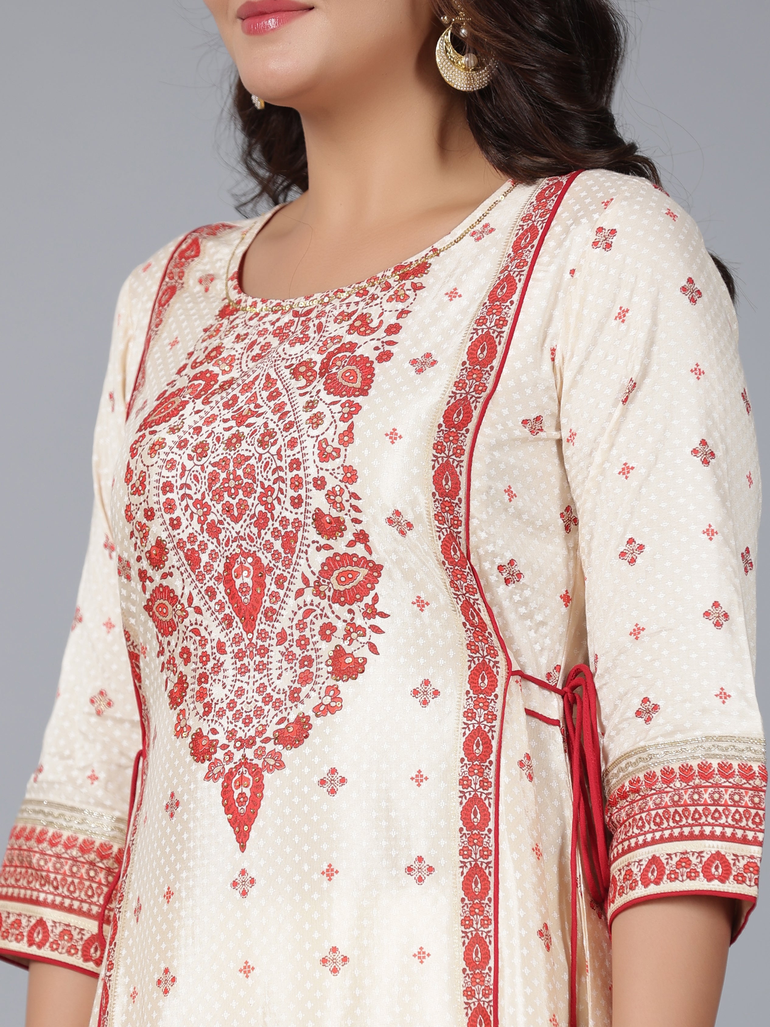 Juniper Women Beige Viscose Shantoon Printed Kurta, Pants & Dupatta Set