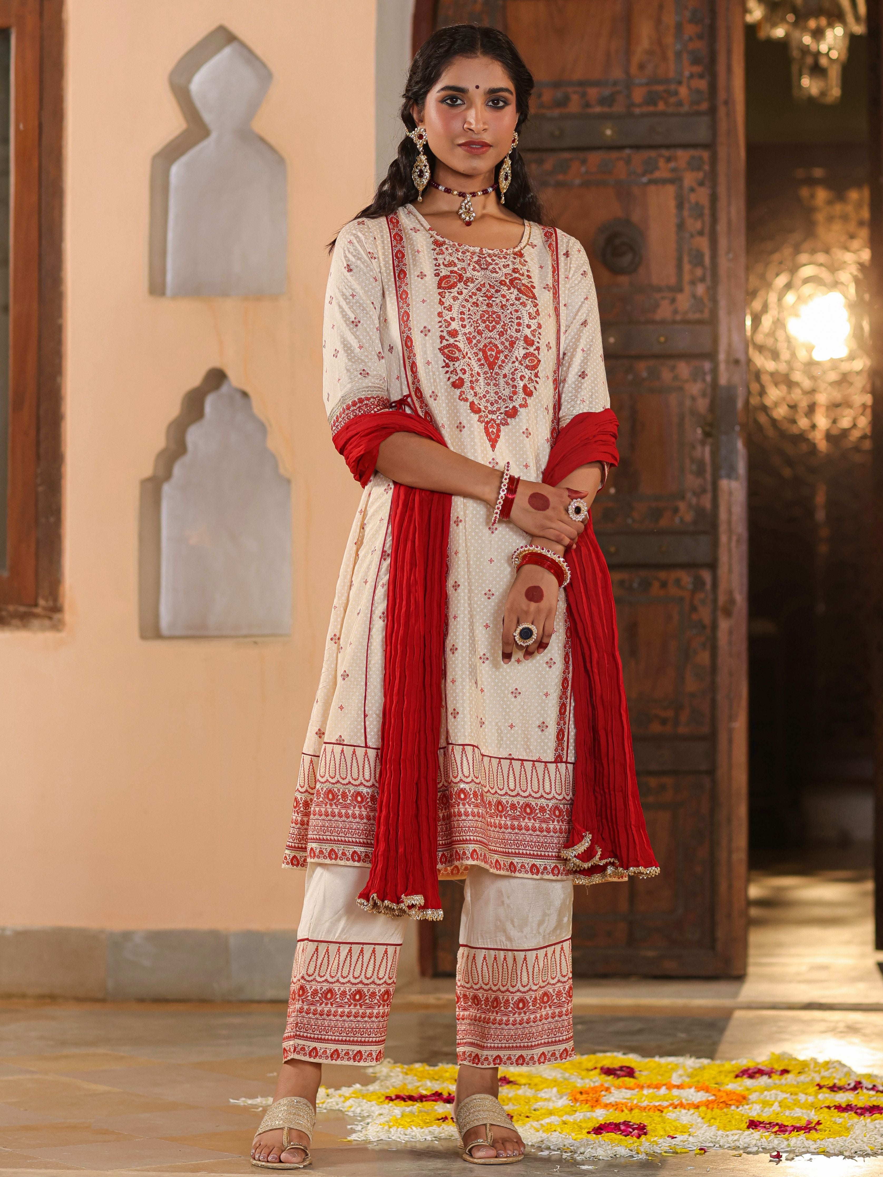 Juniper Women Beige Viscose Shantoon Printed Kurta, Pants & Dupatta Set