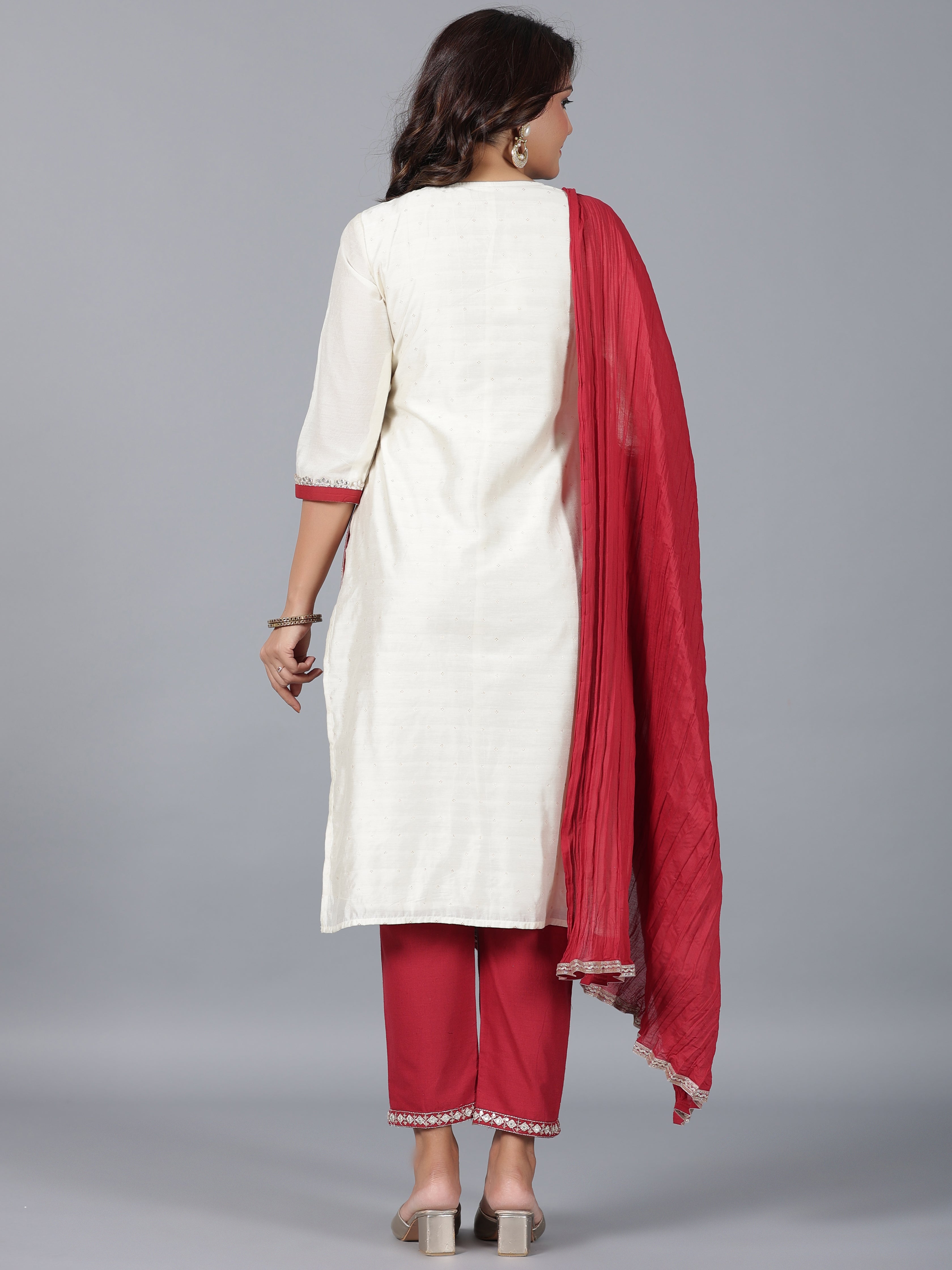 Juniper Women Ivory Chanderi Embroidered Kurta, Pants & Dupatta Set