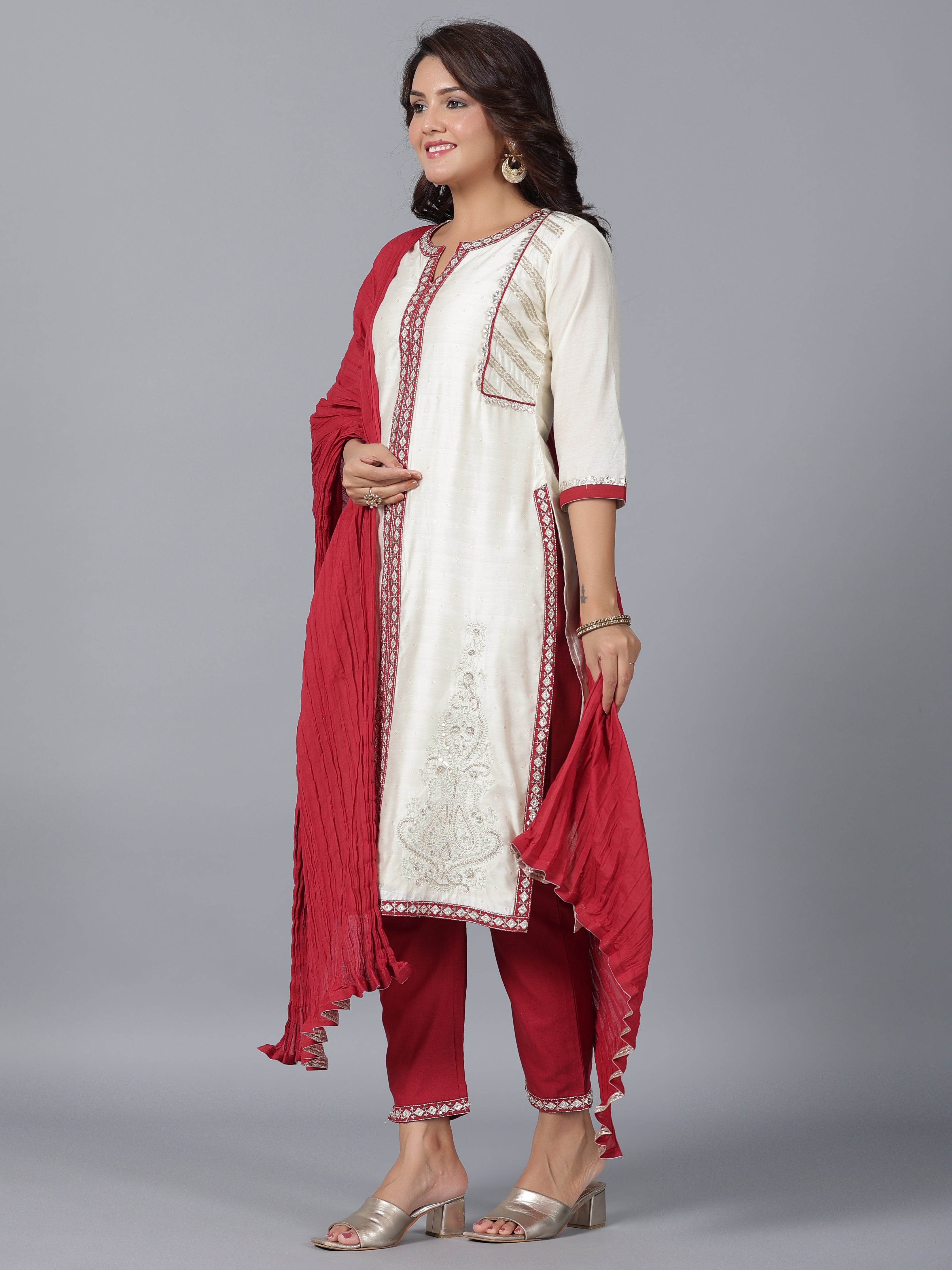Juniper Women Ivory Chanderi Embroidered Kurta, Pants & Dupatta Set