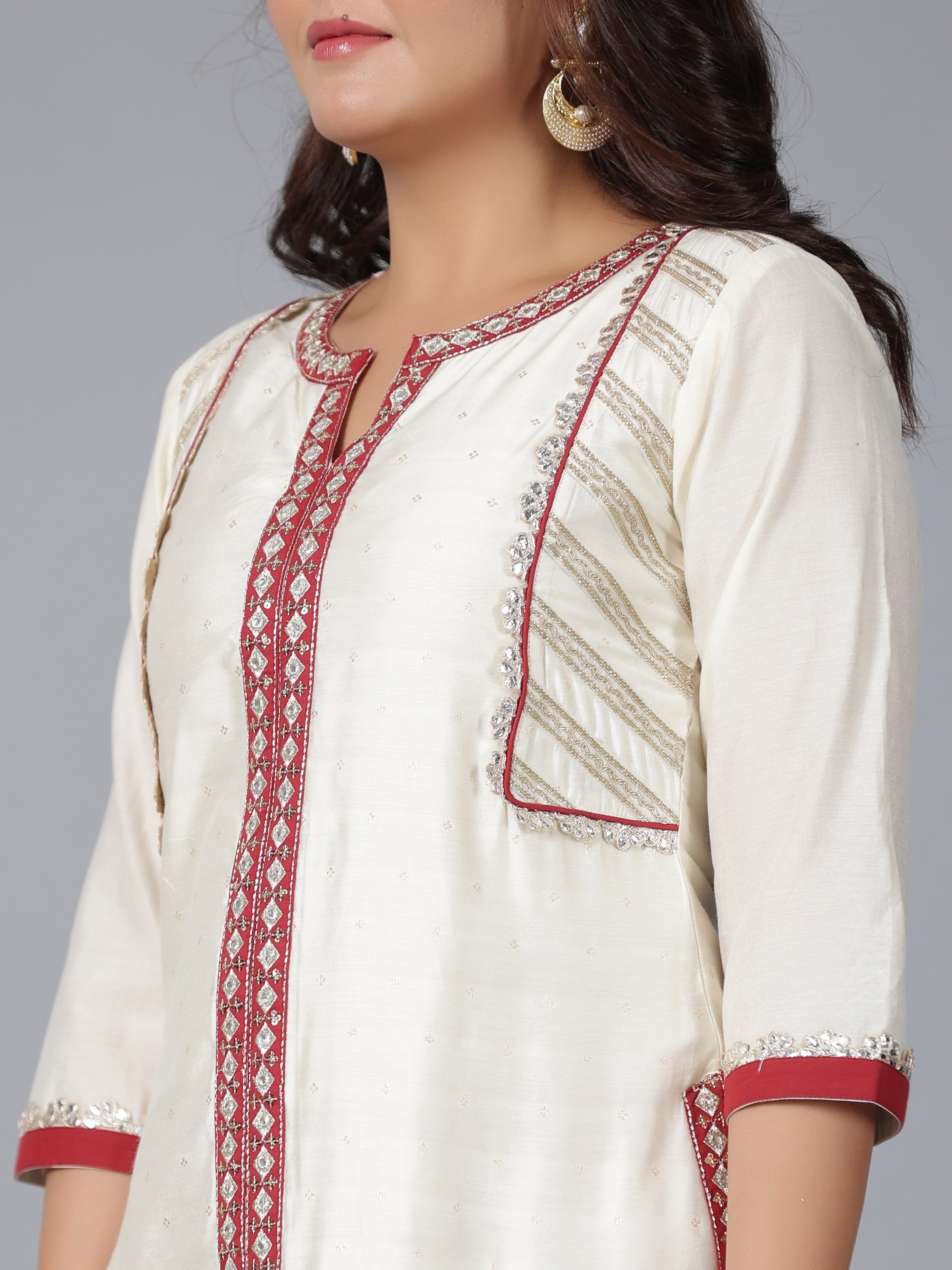 Juniper Women Ivory Chanderi Embroidered Kurta, Pants & Dupatta Set