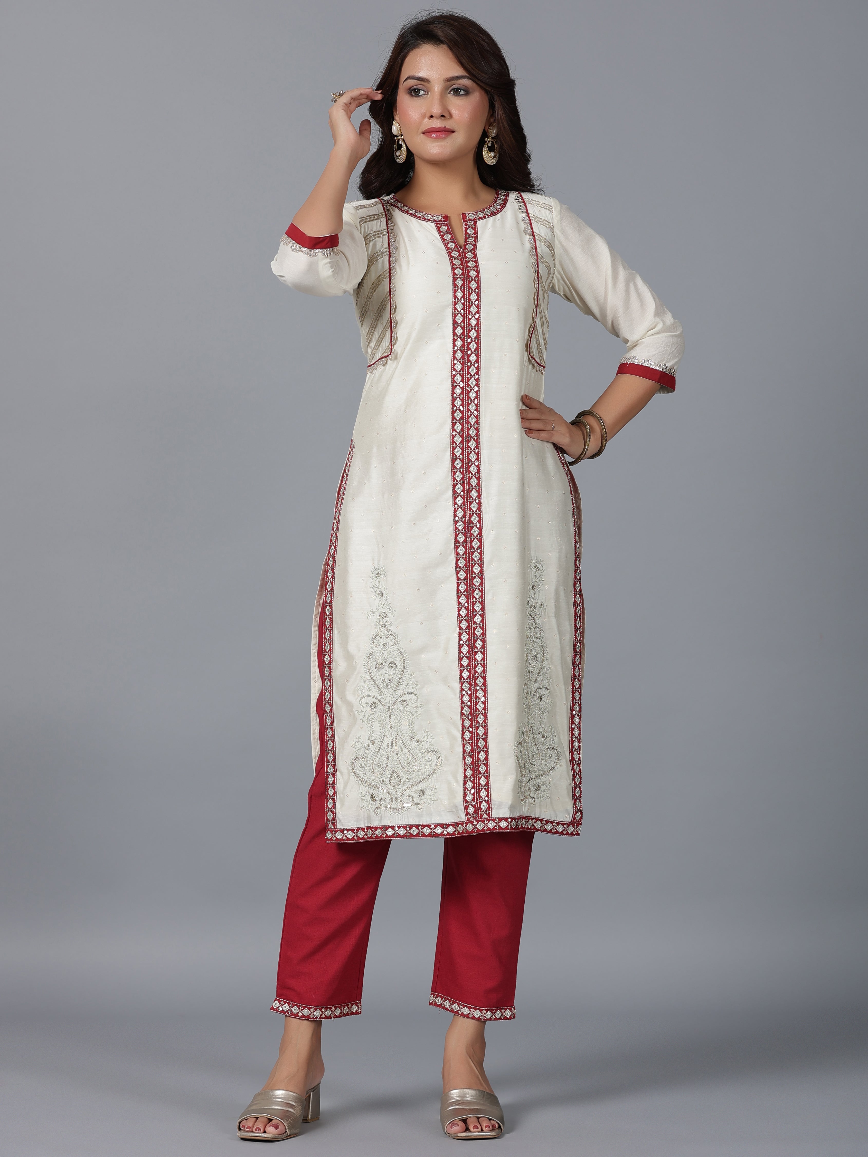 Juniper Women Ivory Chanderi Embroidered Kurta, Pants & Dupatta Set