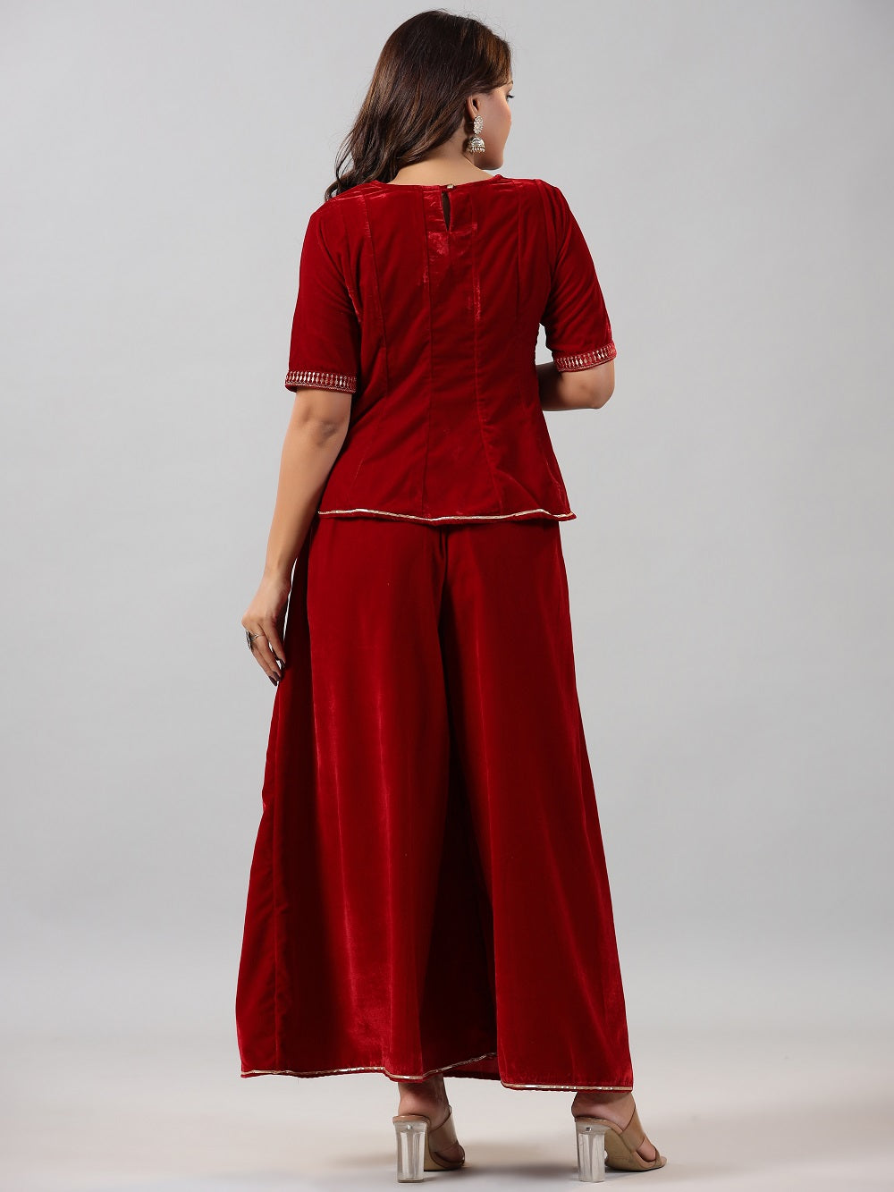 Juniper Maroon Ethnic Motif Printed Velvet Embroidered Clothing Set With Sequins Work