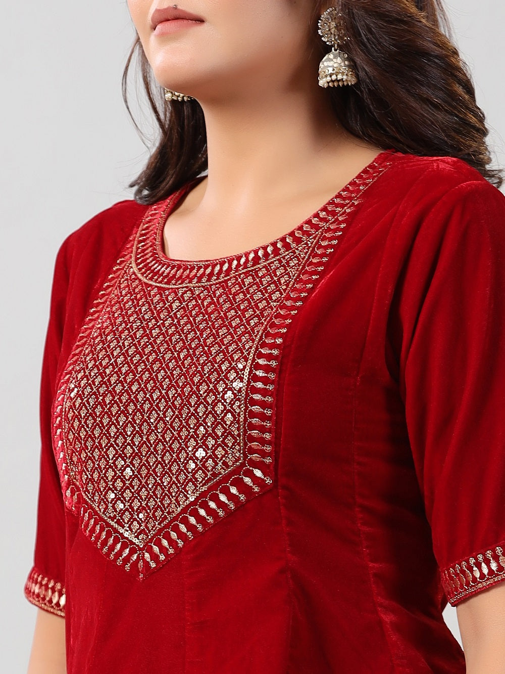 Juniper Maroon Ethnic Motif Printed Velvet Embroidered Clothing Set With Sequins Work