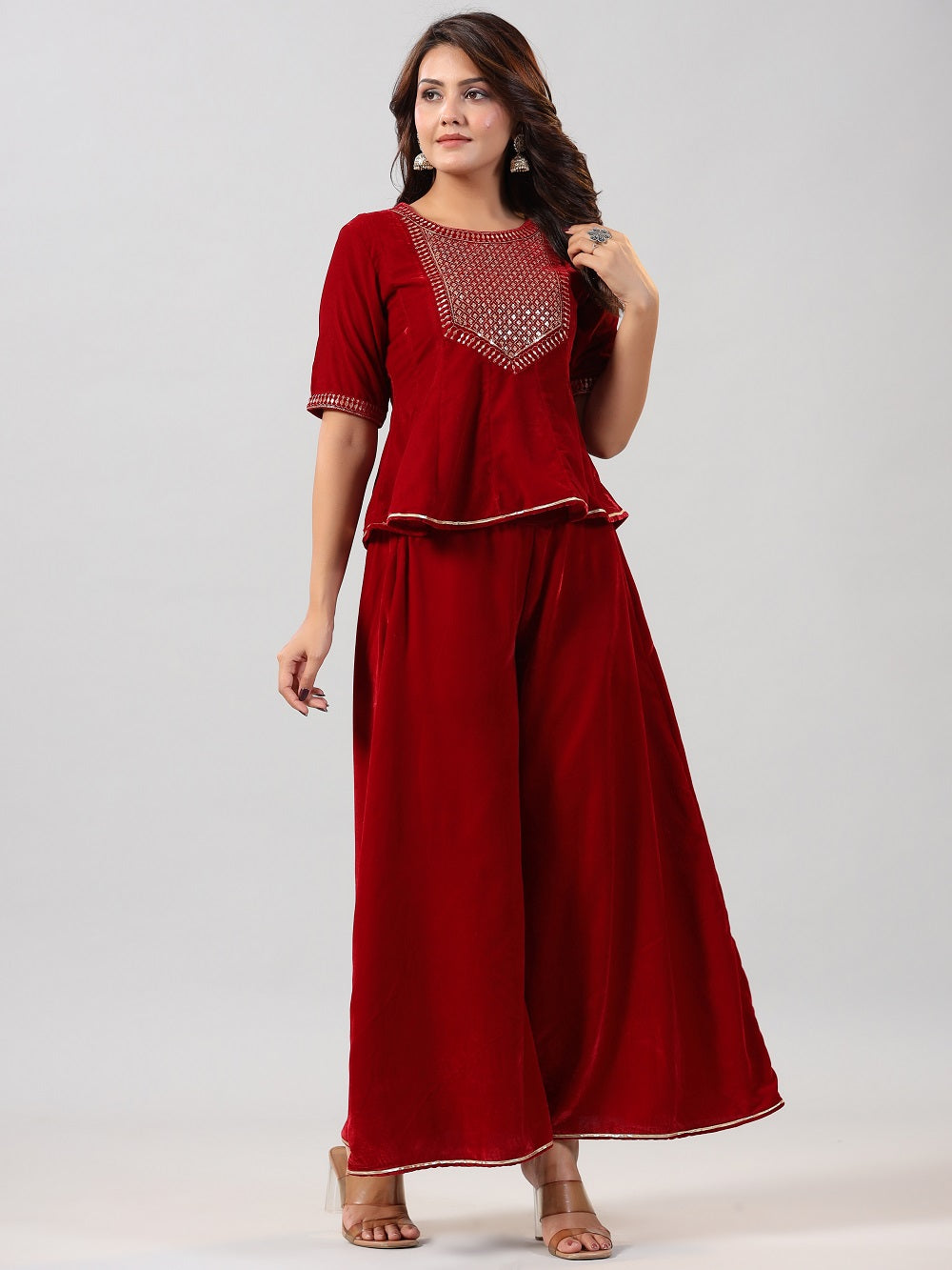 Juniper Maroon Ethnic Motif Printed Velvet Embroidered Clothing Set With Sequins Work