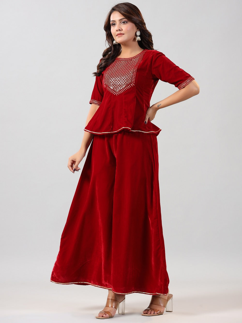 Juniper Maroon Ethnic Motif Printed Velvet Embroidered Clothing Set With Sequins Work