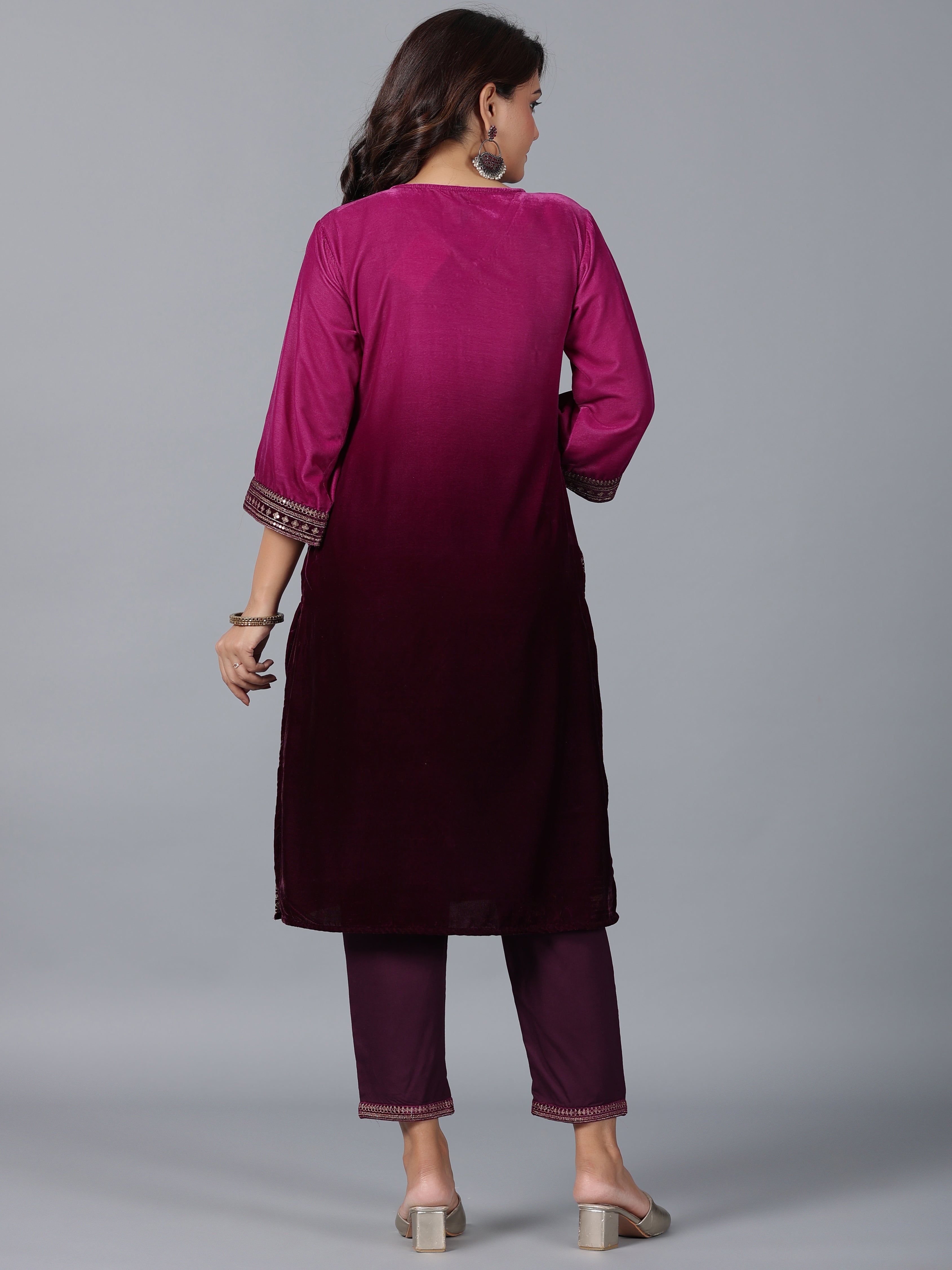 Juniper Women Purple Velvet Embroidered Kurta & Pants Set