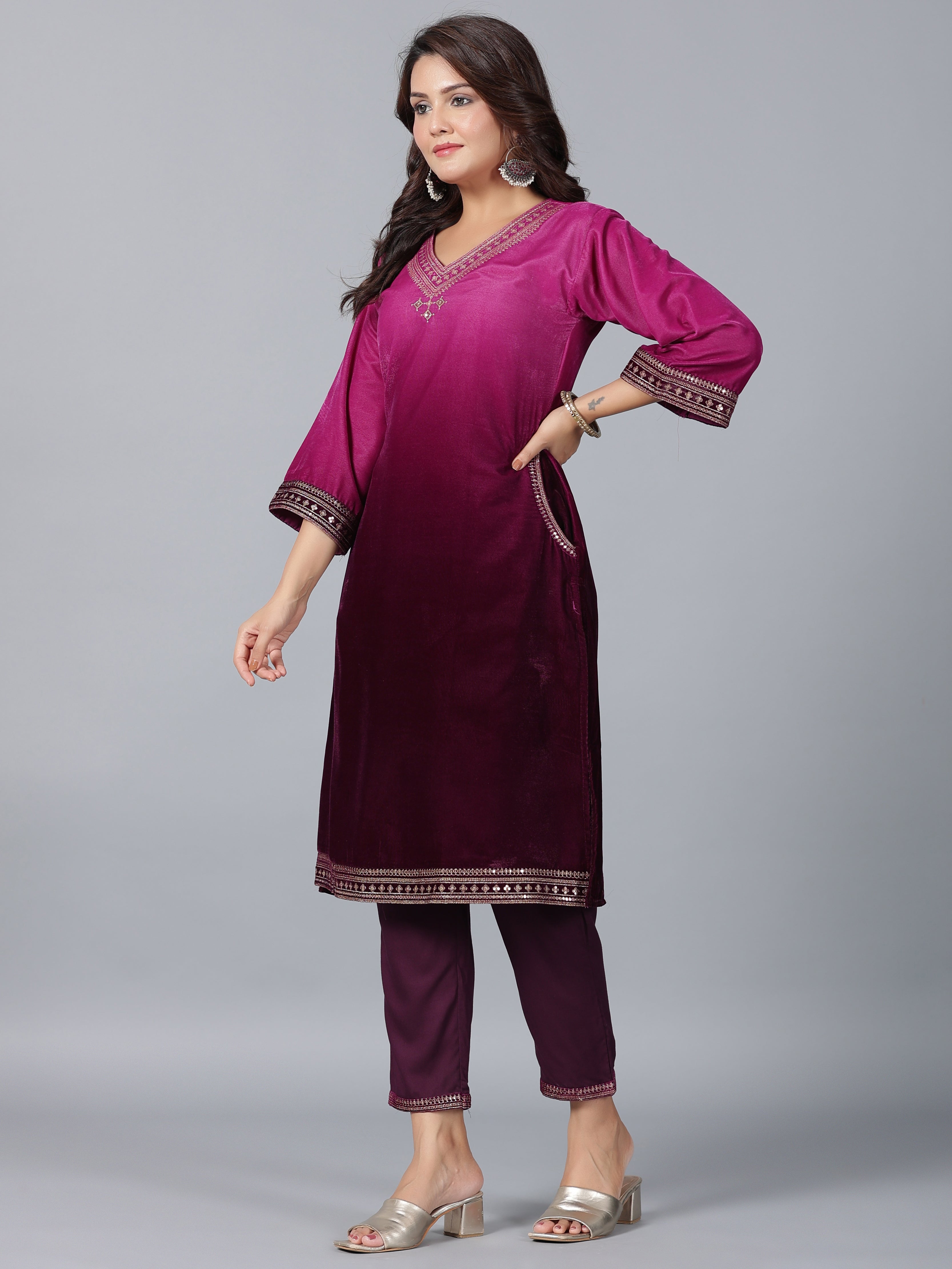 Juniper Women Purple Velvet Embroidered Kurta & Pants Set
