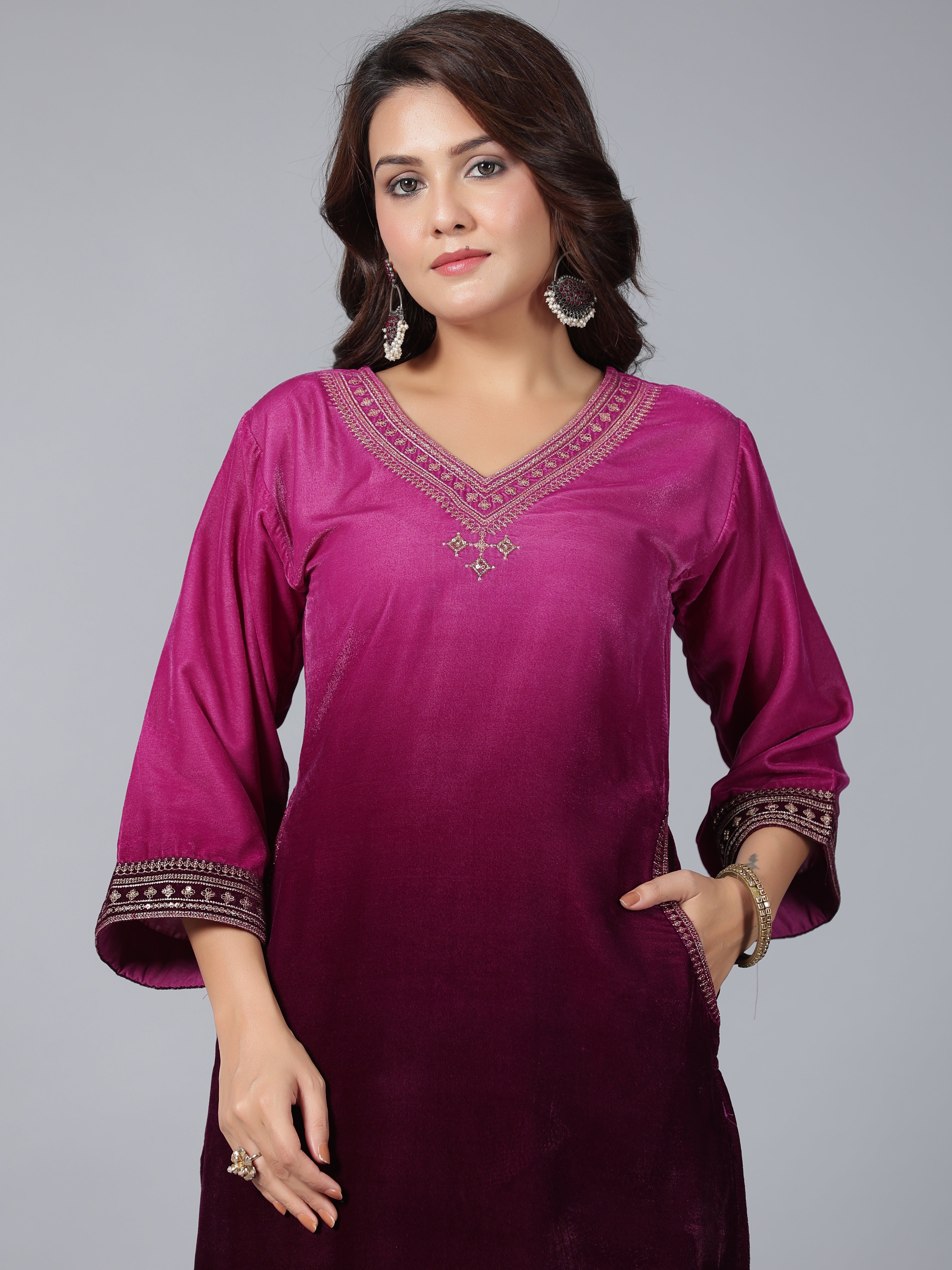 Juniper Women Purple Velvet Embroidered Kurta & Pants Set