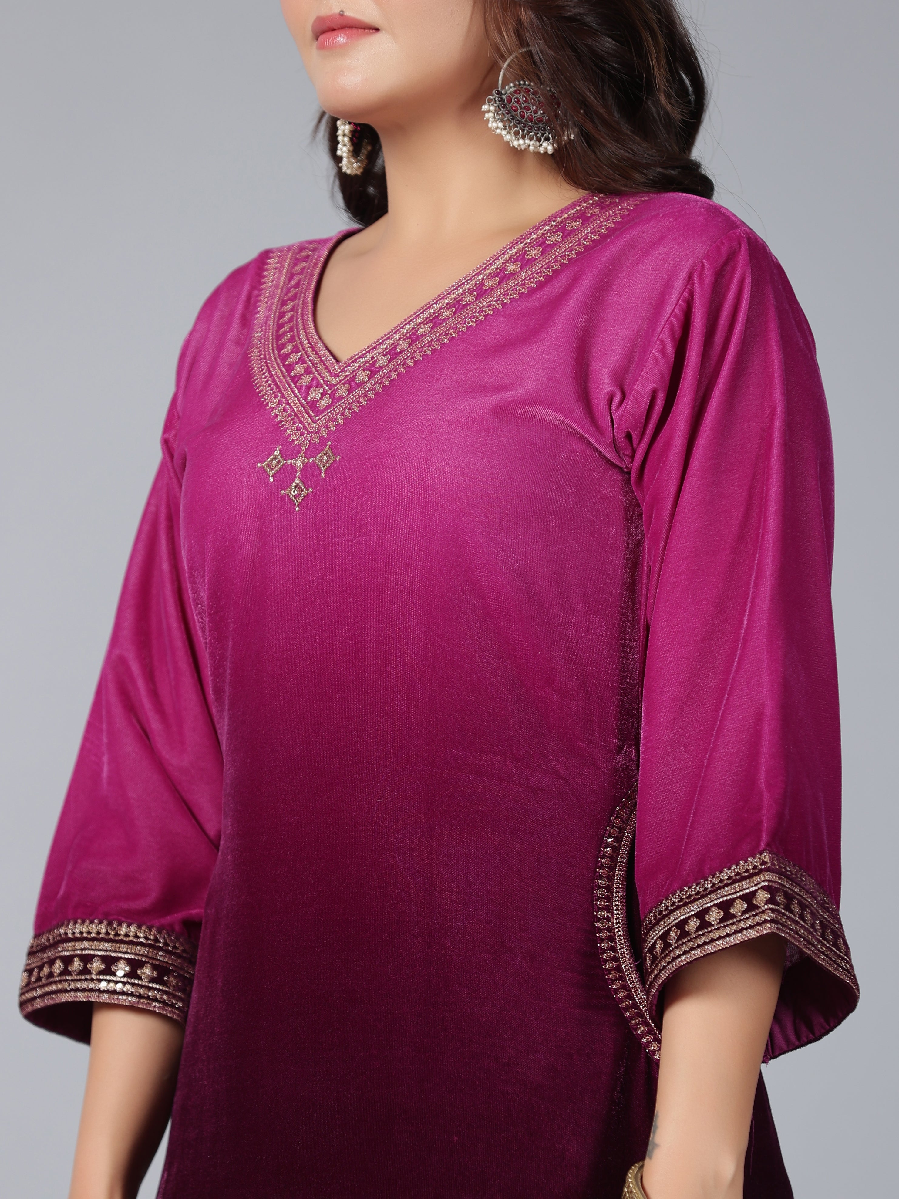 Juniper Women Purple Velvet Embroidered Kurta & Pants Set