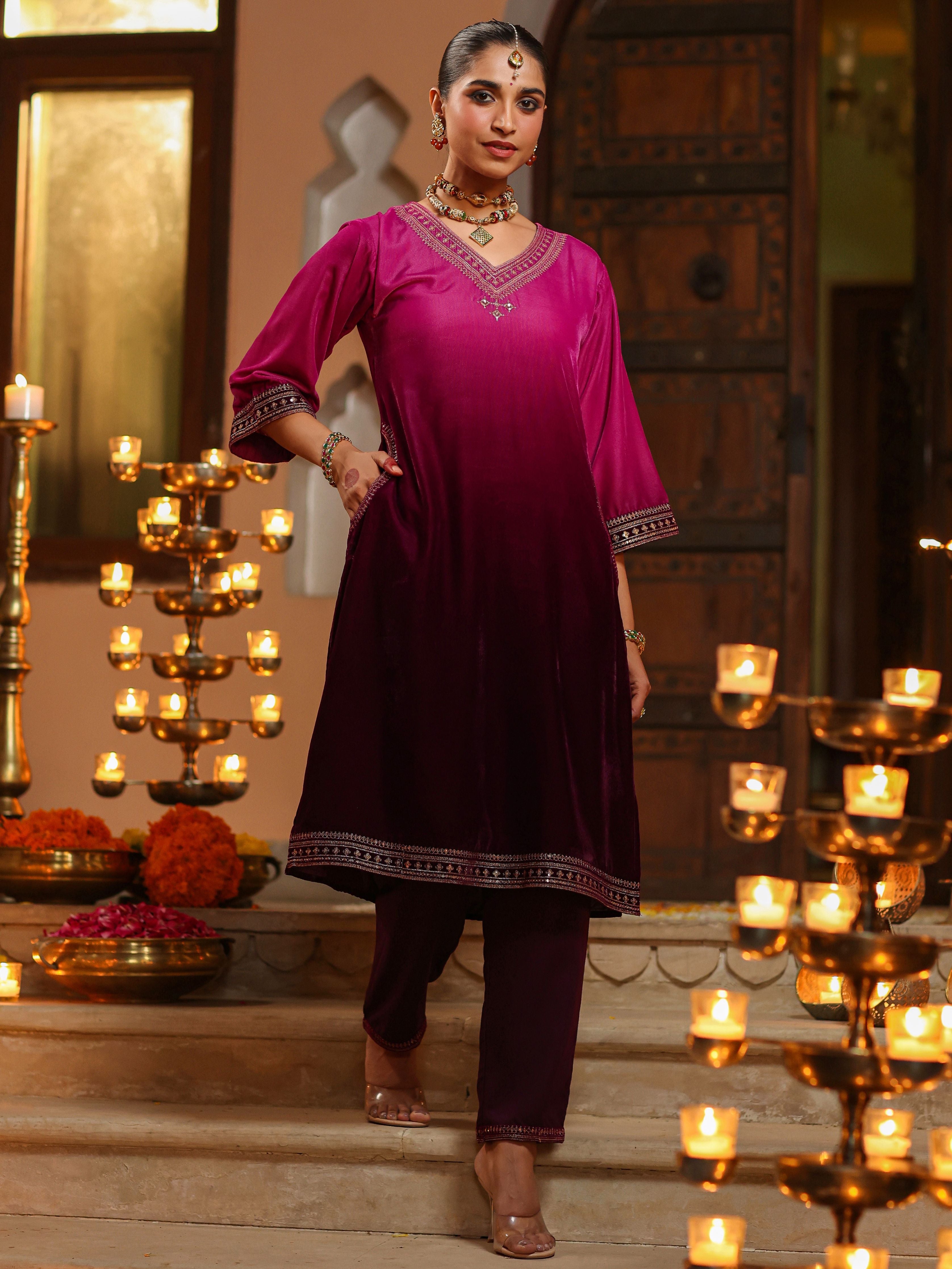 Juniper Women Purple Velvet Embroidered Kurta & Pants Set