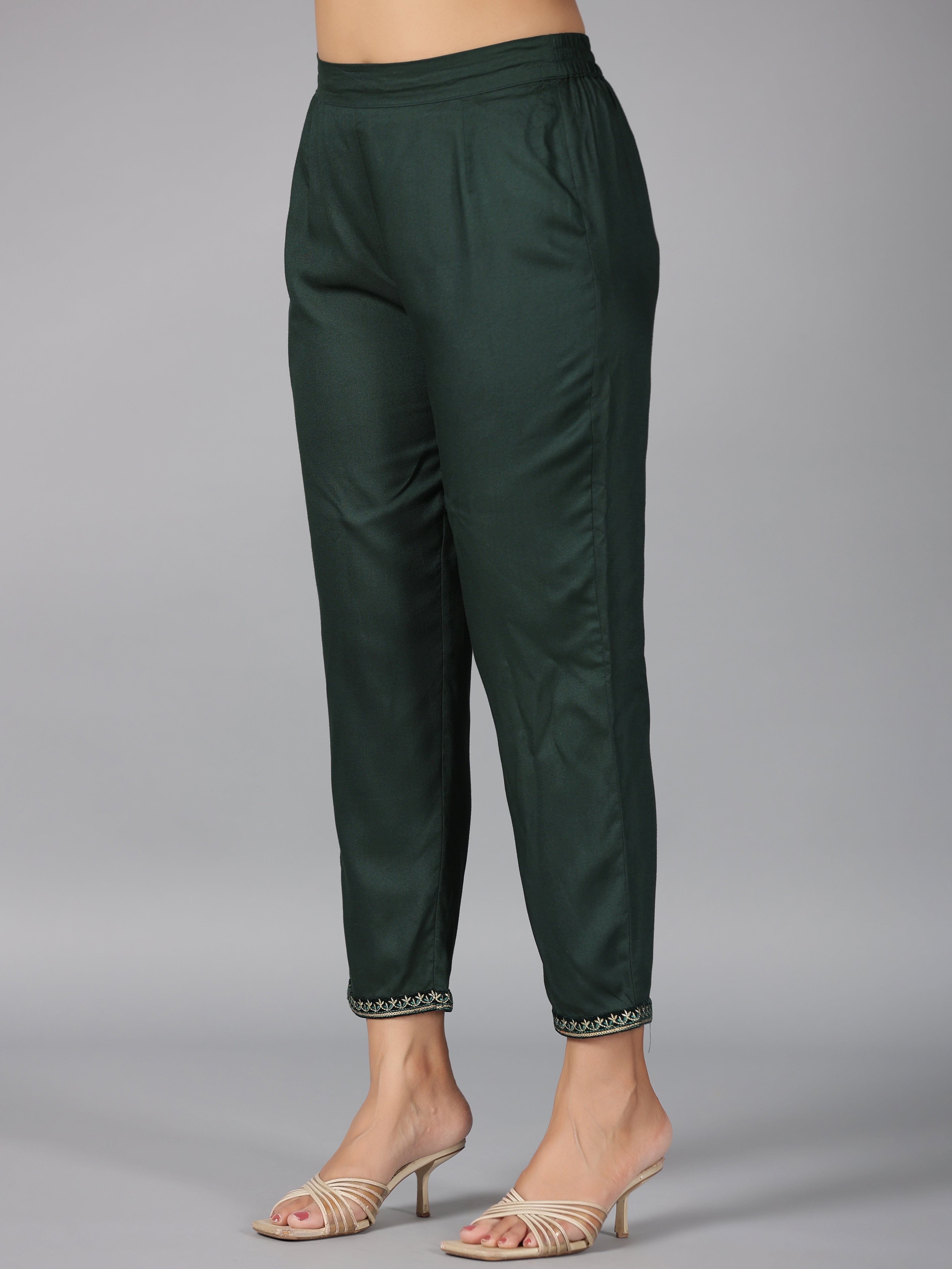 Juniper Women Bottlegreen Velvet Embroidered Kurta, Pants & Dupatta Set