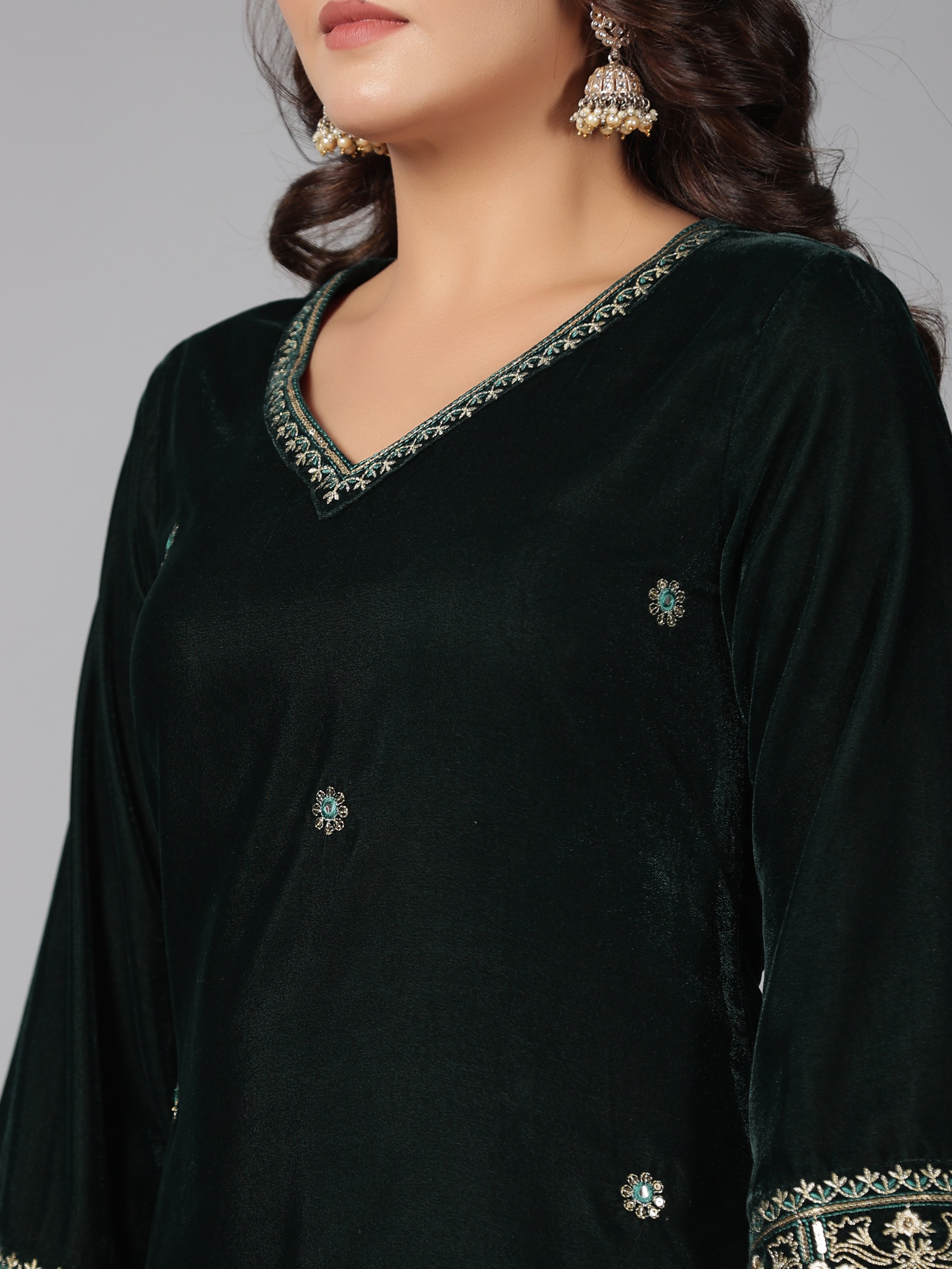 Juniper Women Bottlegreen Velvet Embroidered Kurta, Pants & Dupatta Set