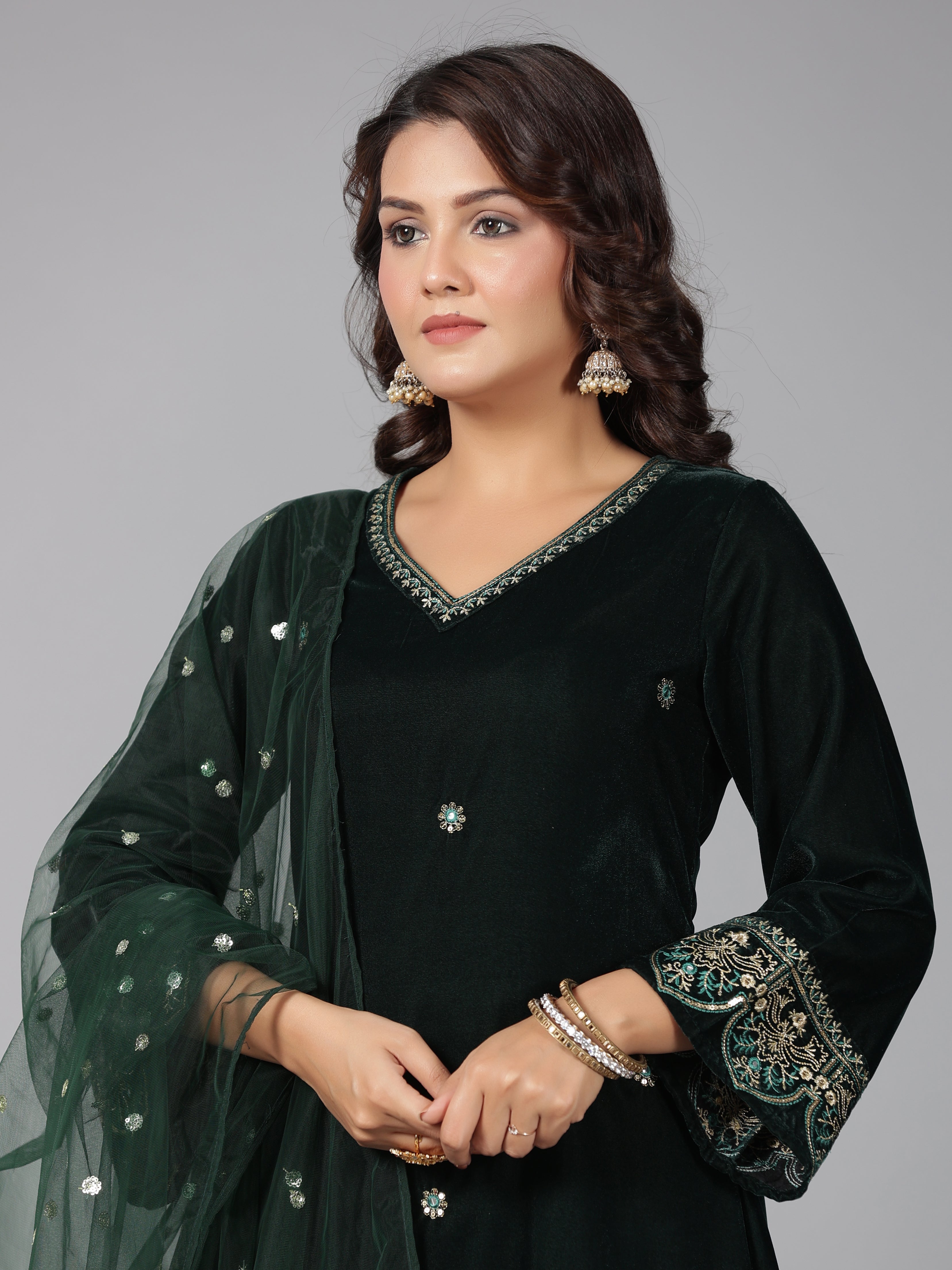 Juniper Women Bottlegreen Velvet Embroidered Kurta, Pants & Dupatta Set