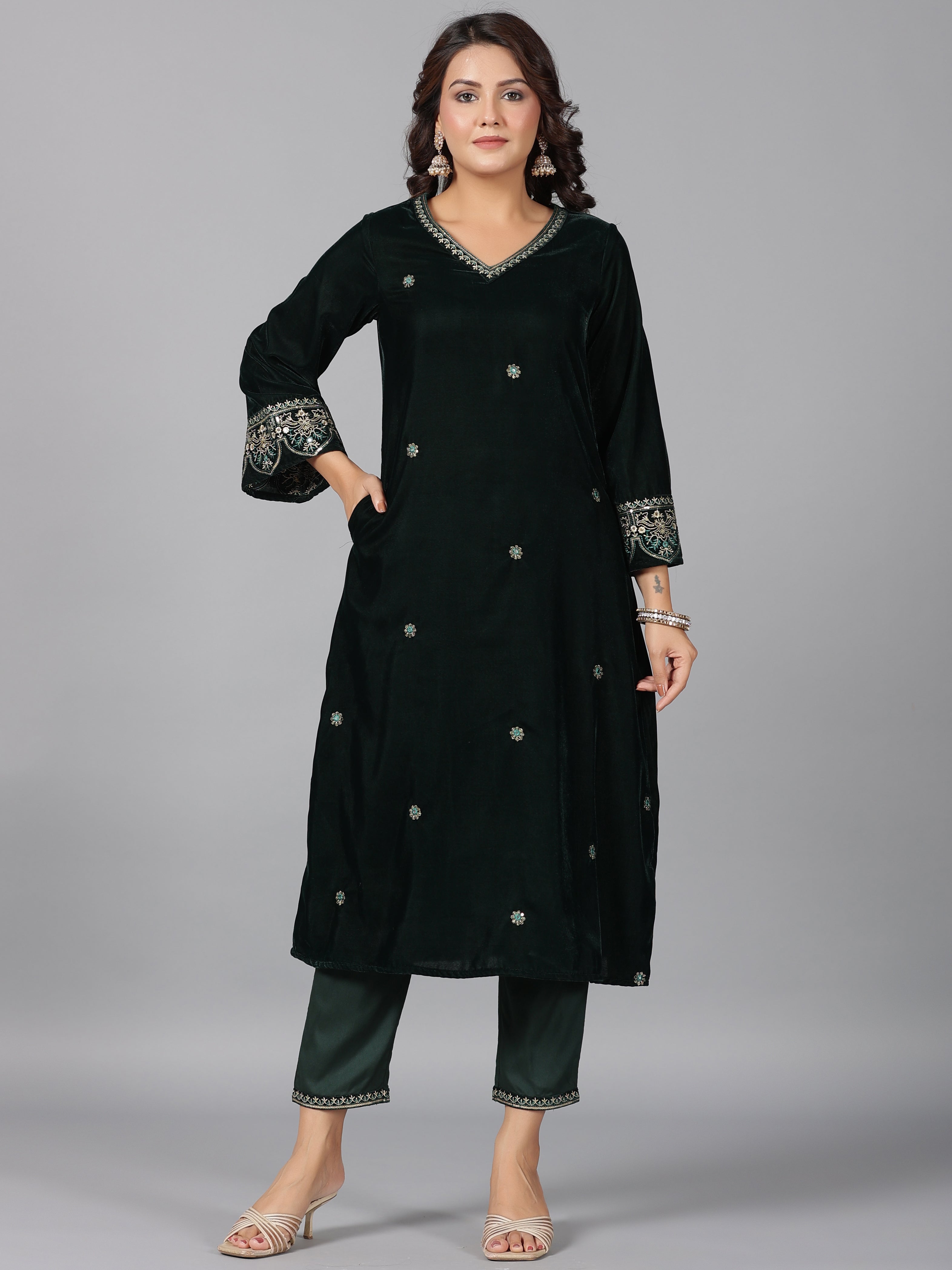 Juniper Women Bottlegreen Velvet Embroidered Kurta, Pants & Dupatta Set