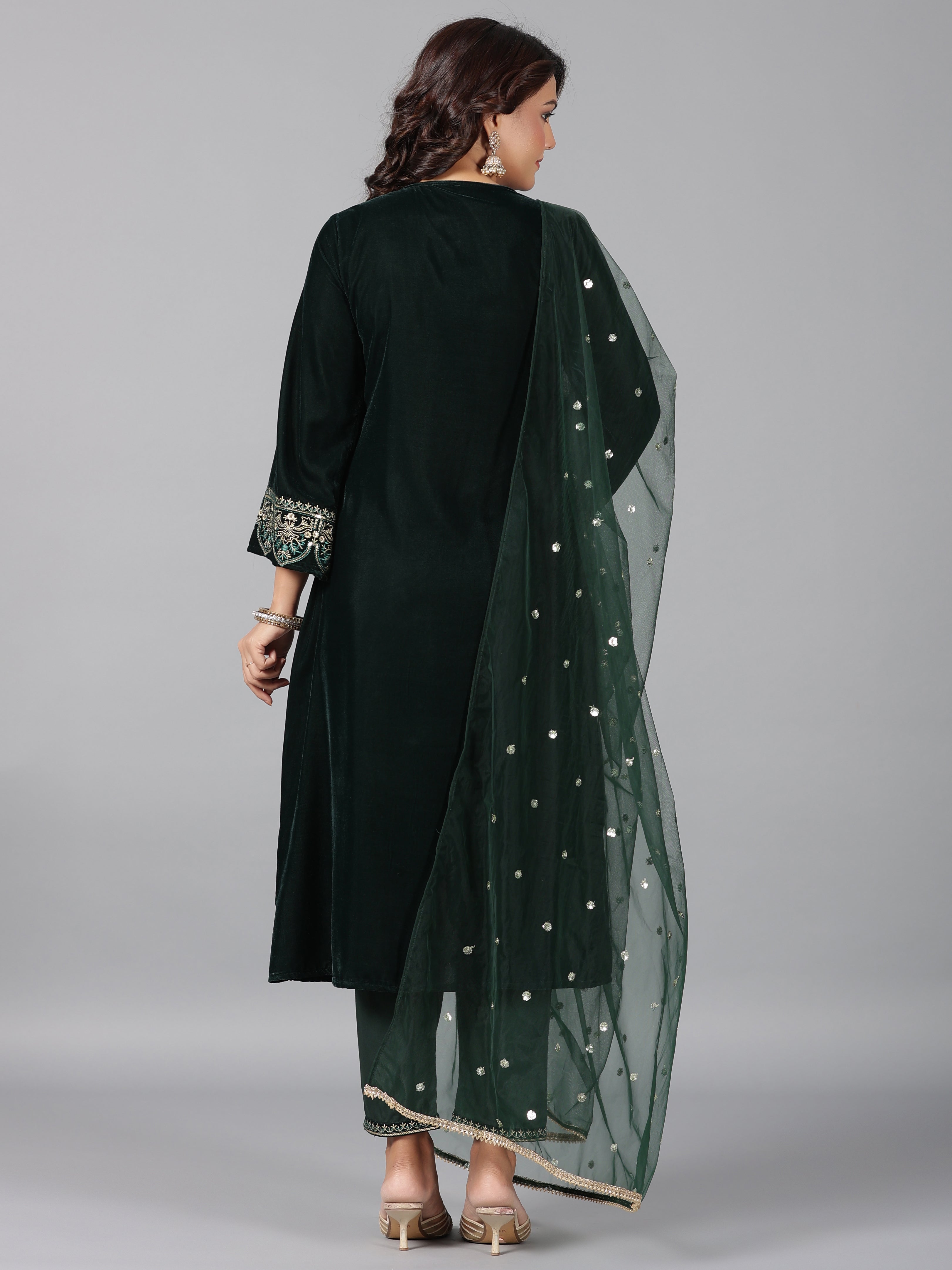 Juniper Women Bottlegreen Velvet Embroidered Kurta, Pants & Dupatta Set