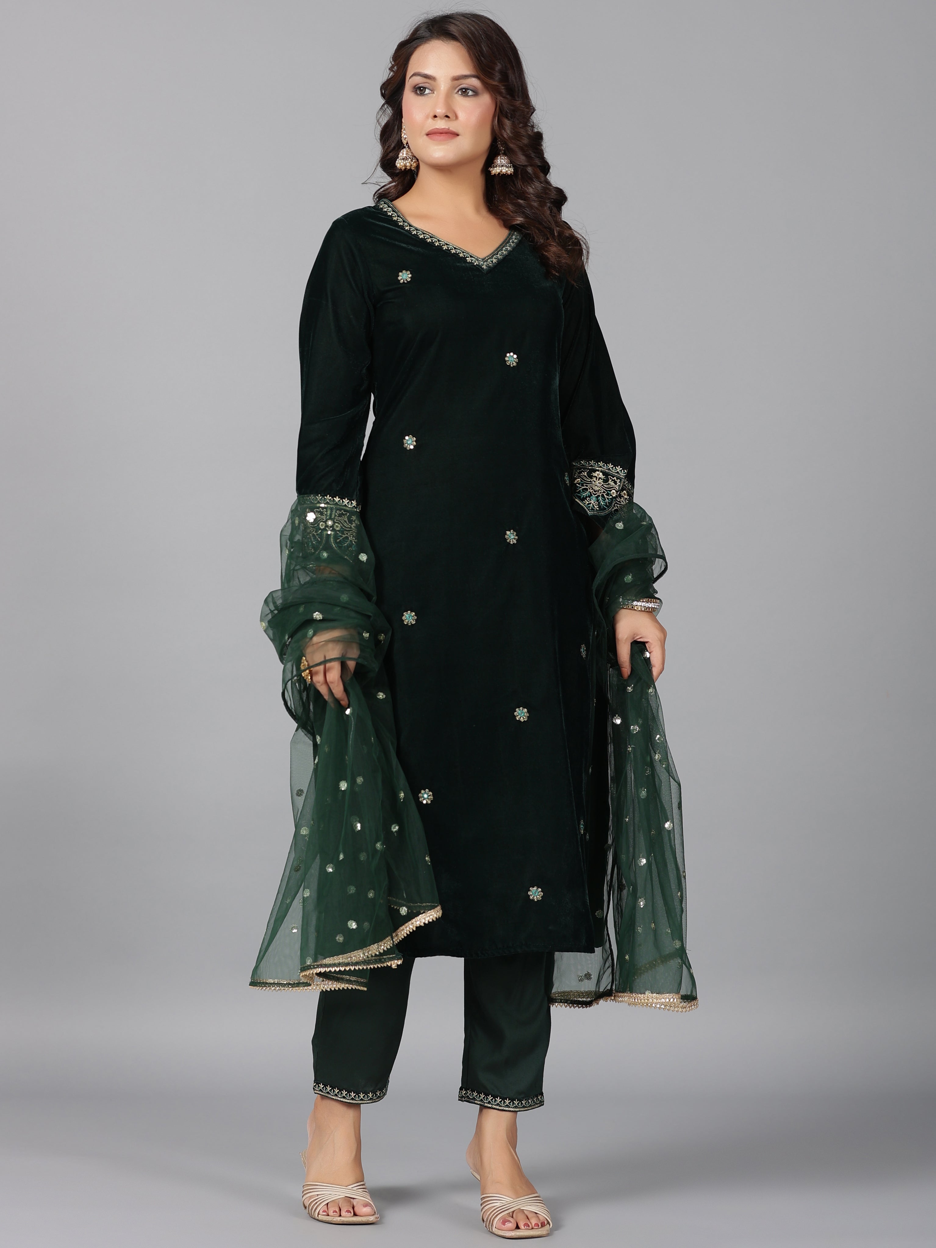 Juniper Women Bottlegreen Velvet Embroidered Kurta, Pants & Dupatta Set