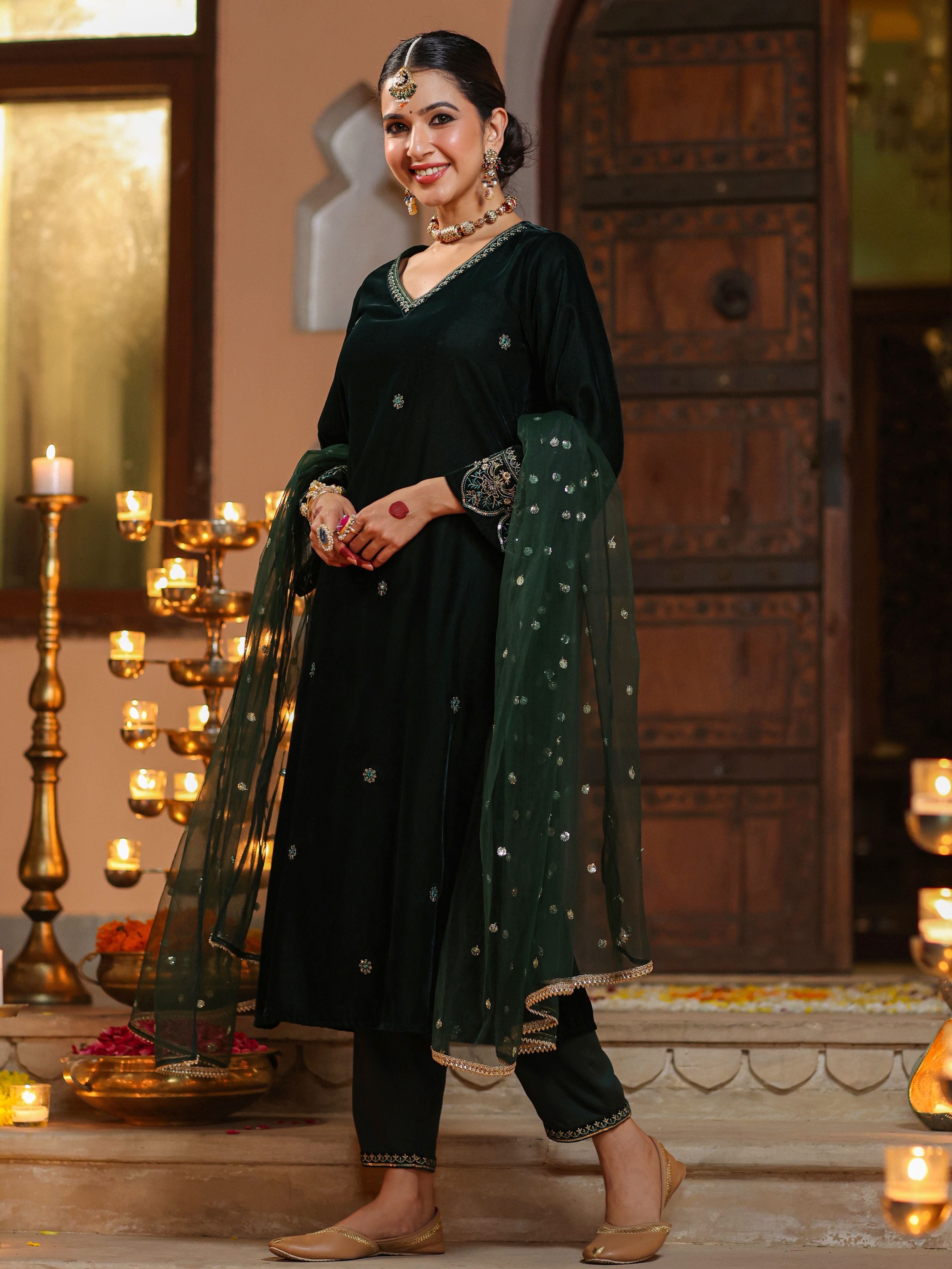 Juniper Women Bottlegreen Velvet Embroidered Kurta, Pants & Dupatta Set