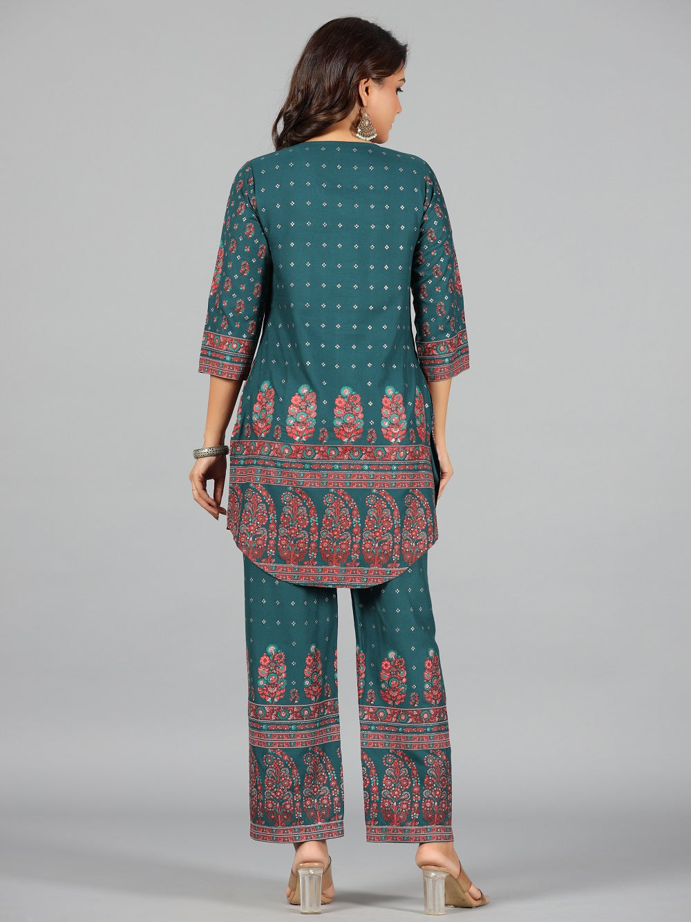 Juniper Green Ethnic Motif Printed Rayon Kurta & Pants Set With Sequins Work