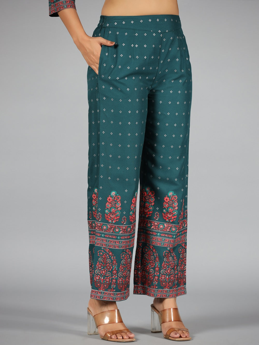 Juniper Green Ethnic Motif Printed Rayon Kurta & Pants Set With Sequins Work