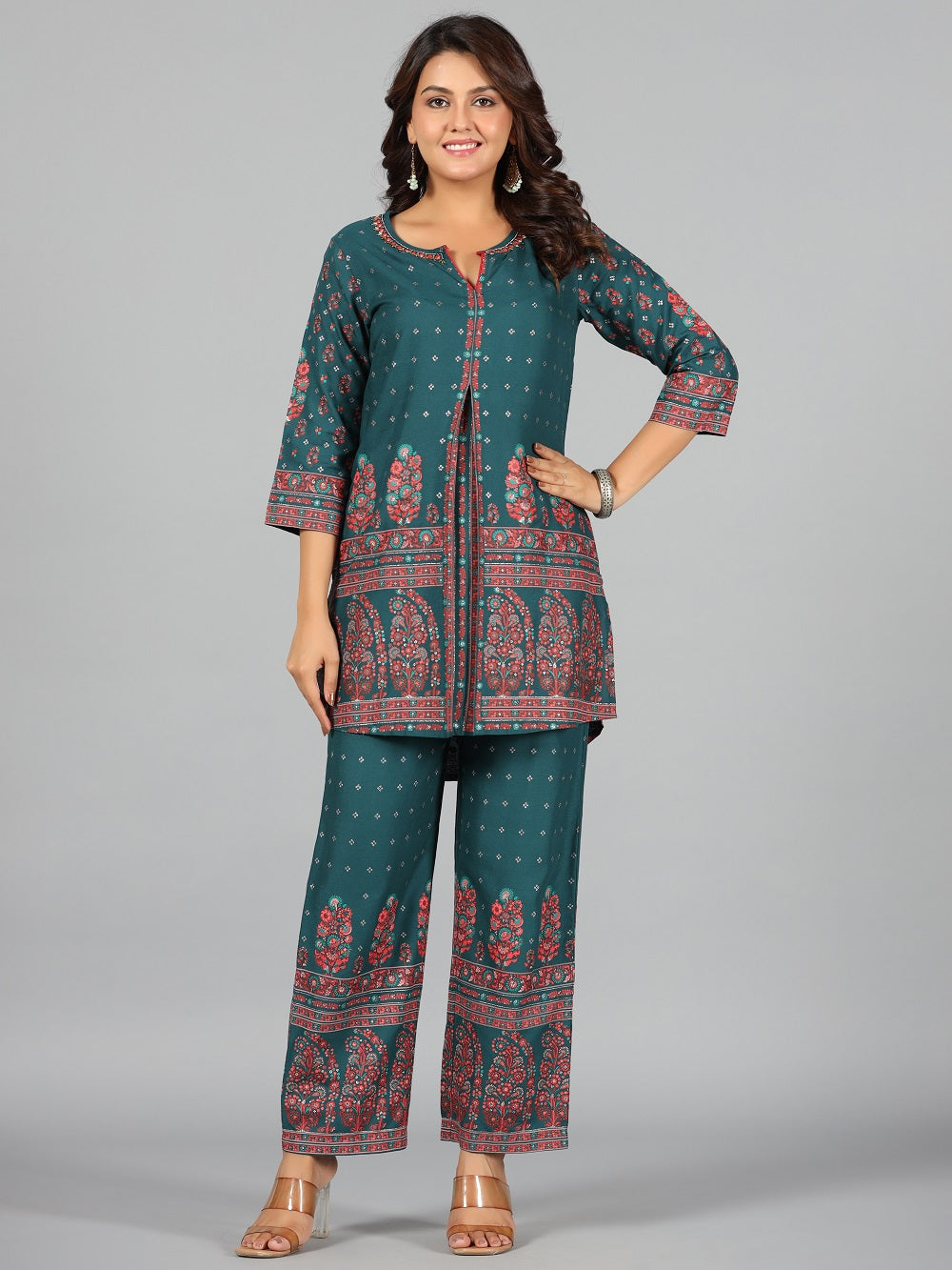 Juniper Green Ethnic Motif Printed Rayon Kurta & Pants Set With Sequins Work