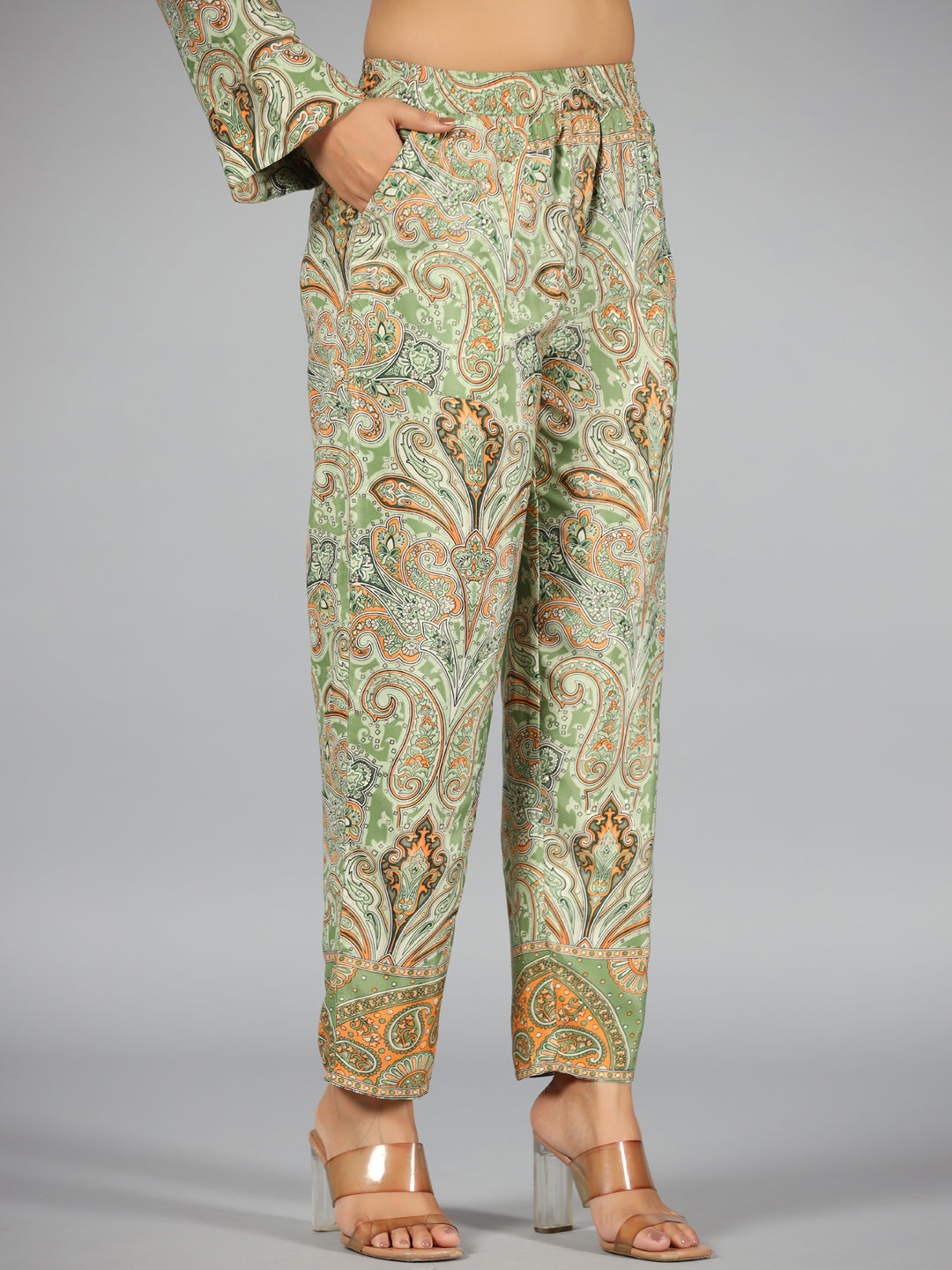 Juniper Women Green Kasturi Silk Printed Clothing Set