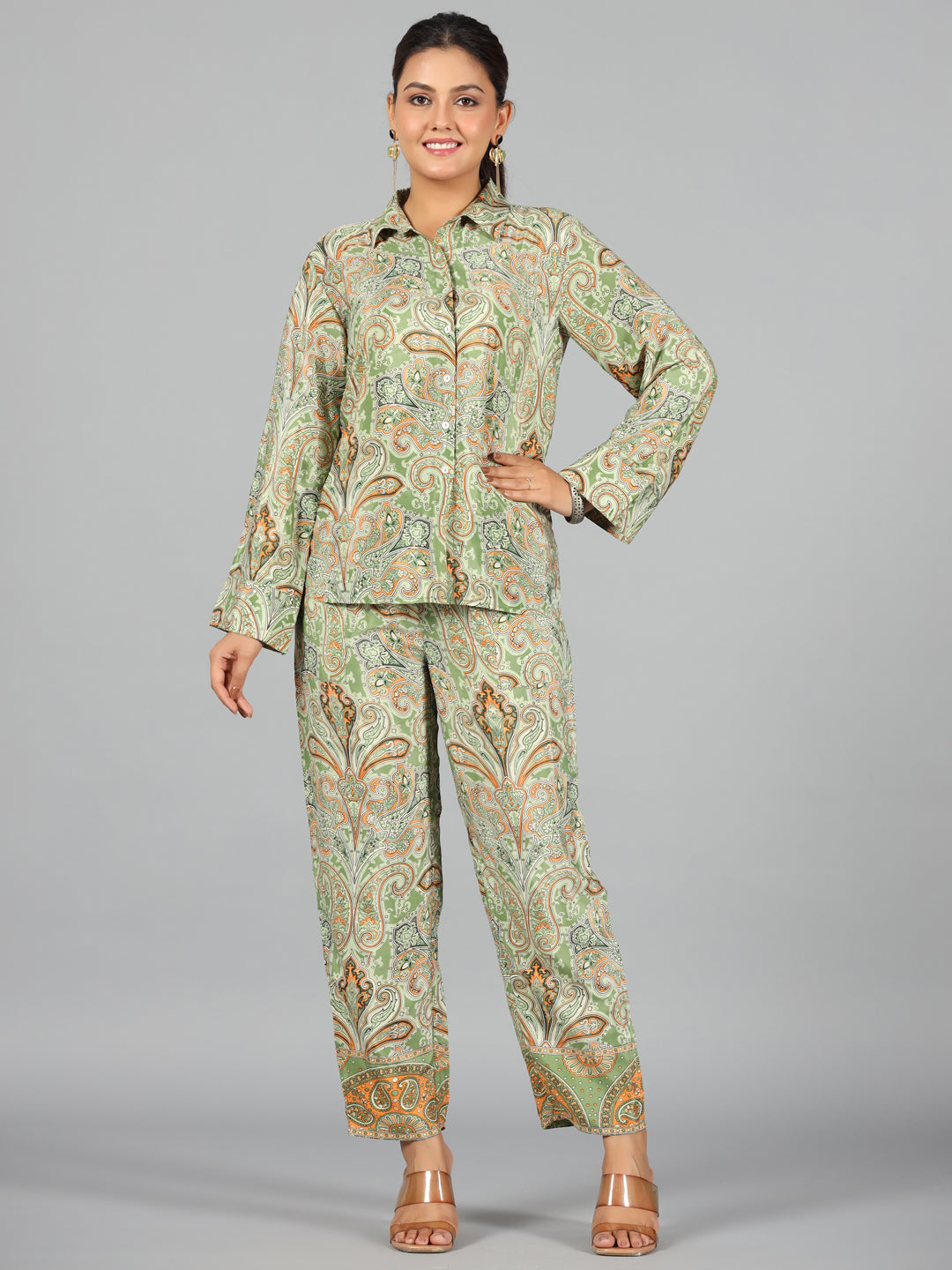 Juniper Women Green Kasturi Silk Printed Clothing Set