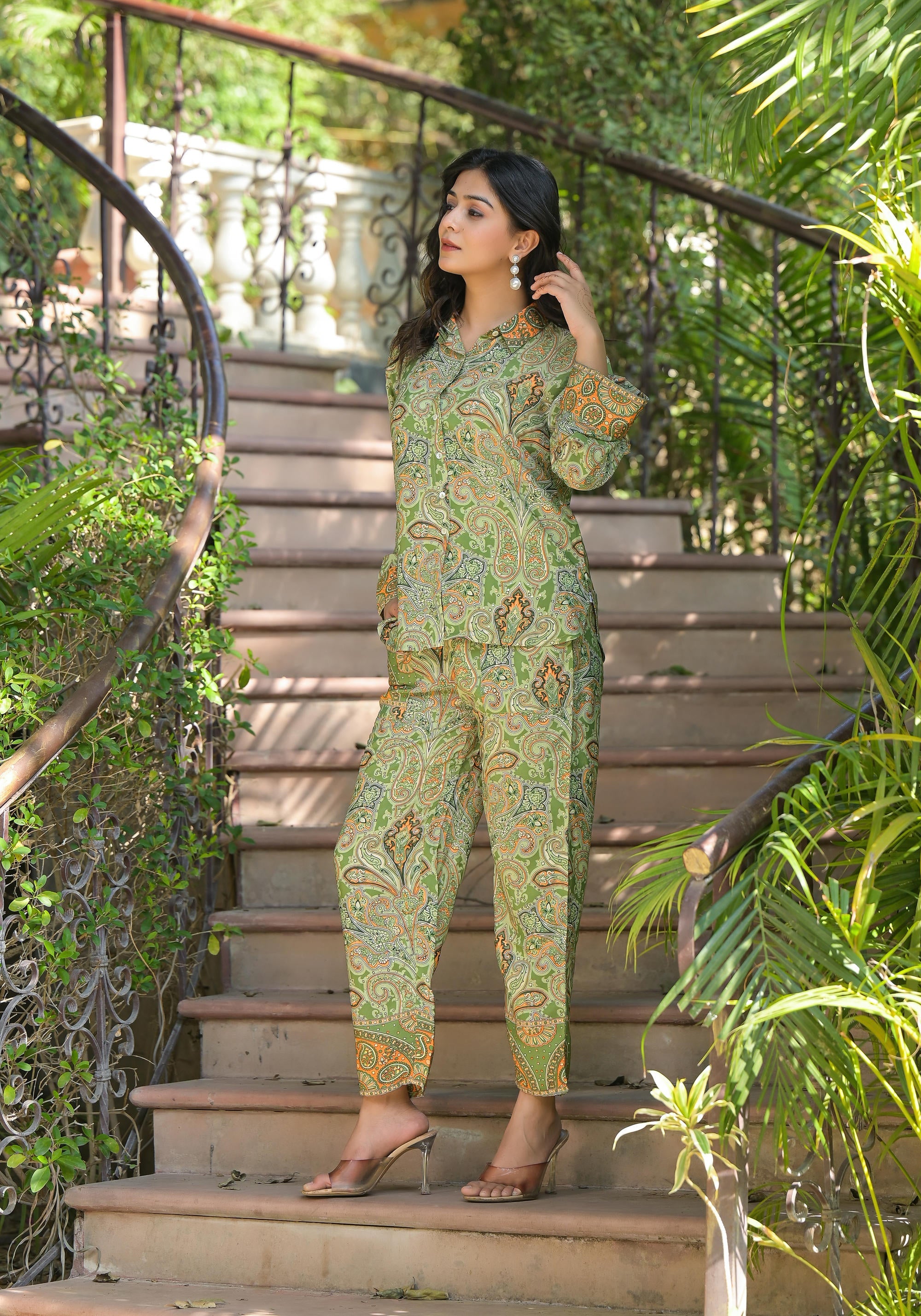 Green Floral Printed Kasturi Top & Palazzo With Buttons