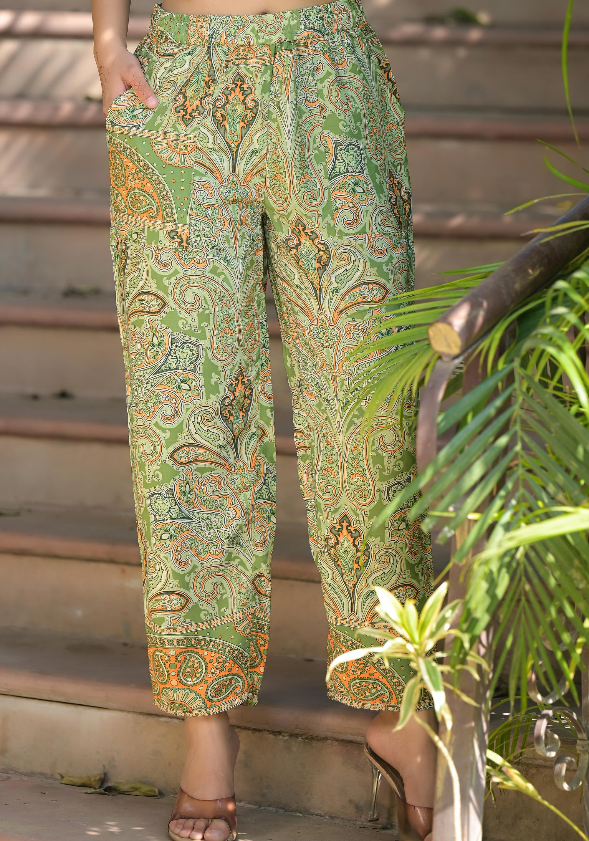 Green Floral Printed Kasturi Top & Palazzo With Buttons