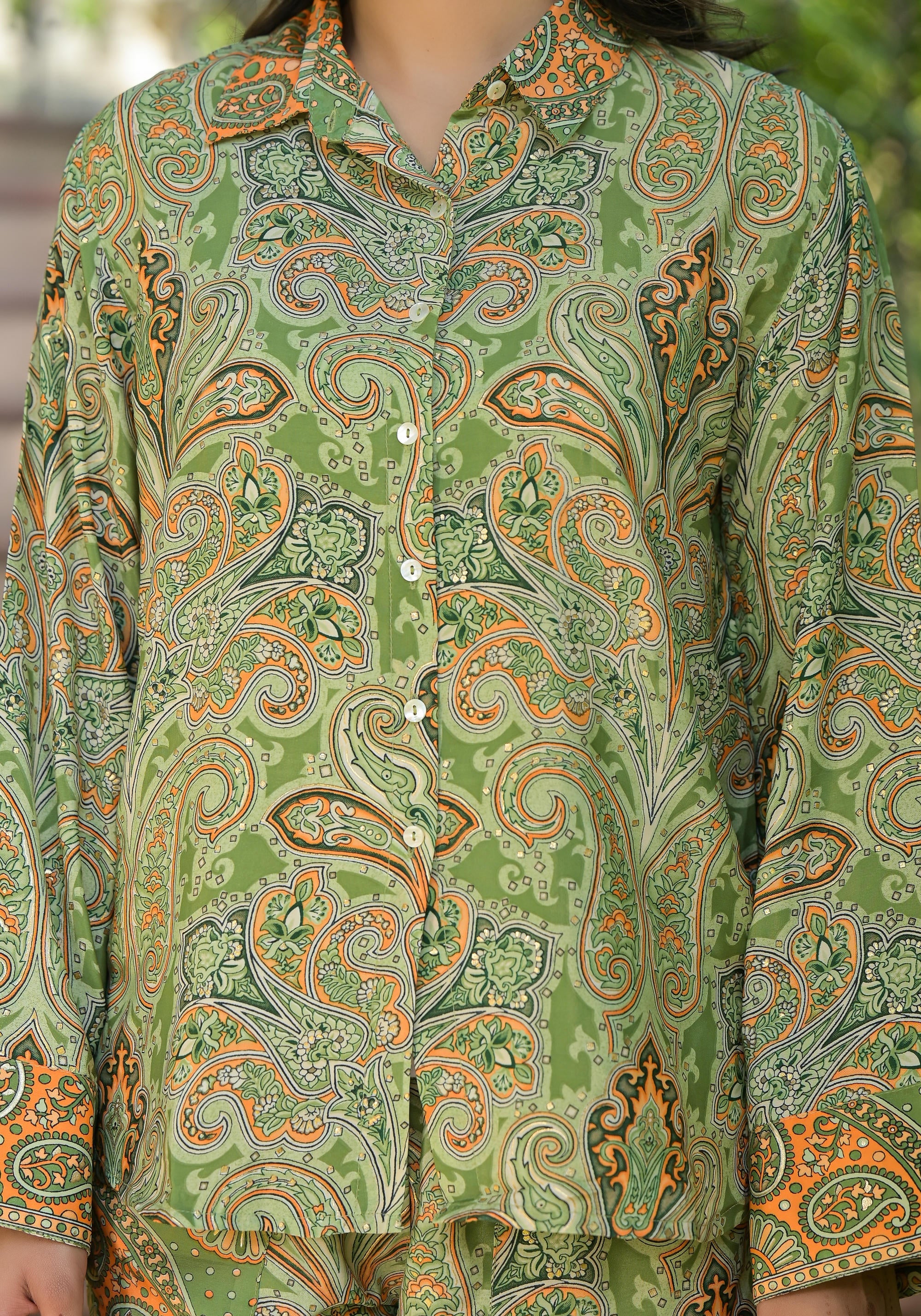 Green Floral Printed Kasturi Top & Palazzo With Buttons