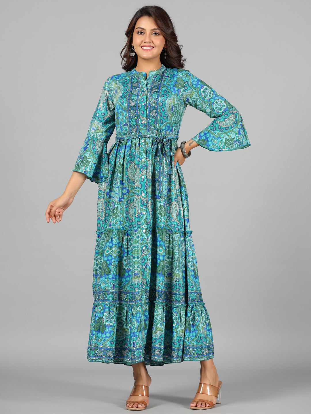 Juniper Women Blue Kasturi Silk Printed Tiered Maxi Dress