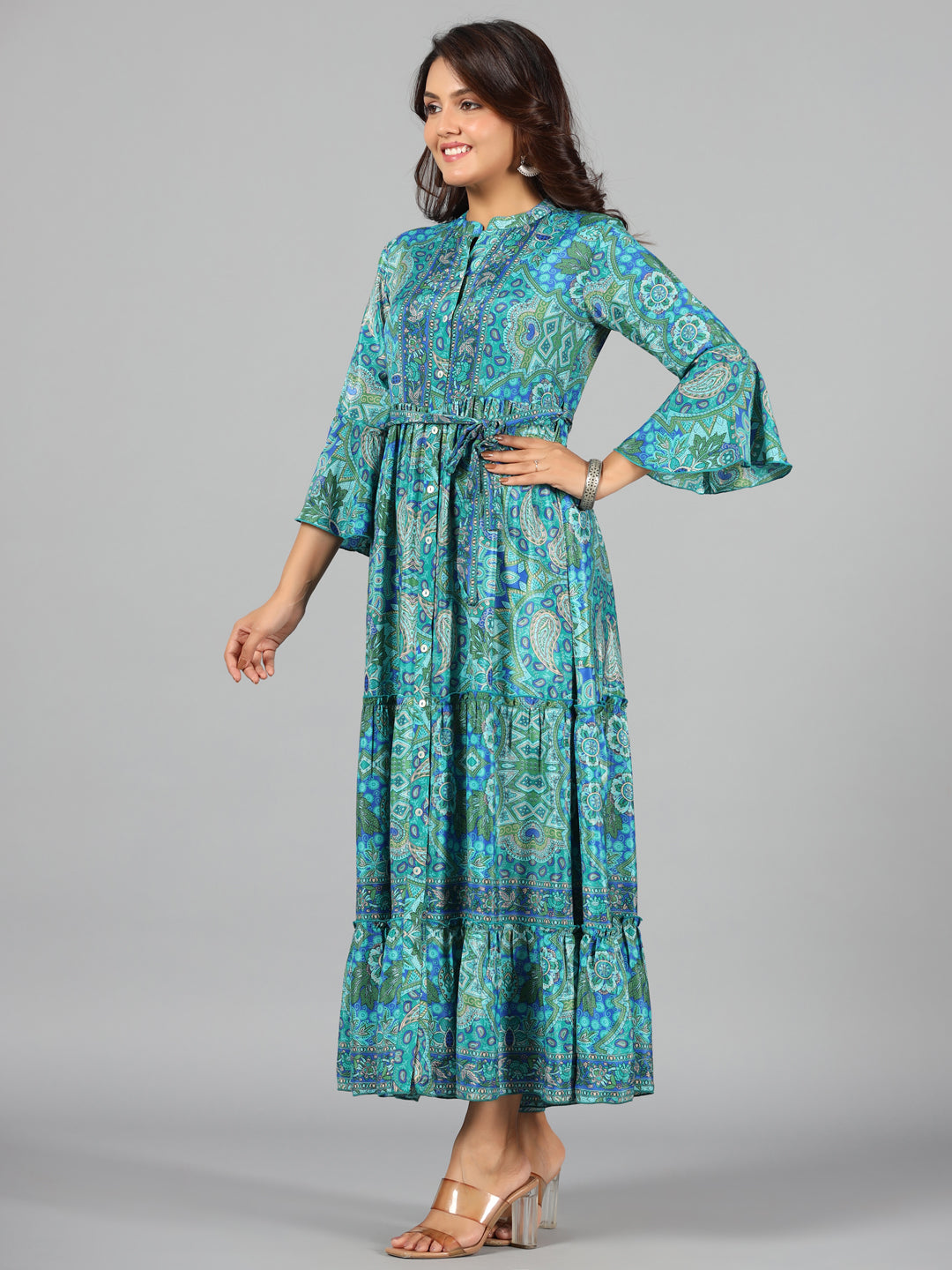 Juniper Women Blue Kasturi Silk Printed Tiered Maxi Dress