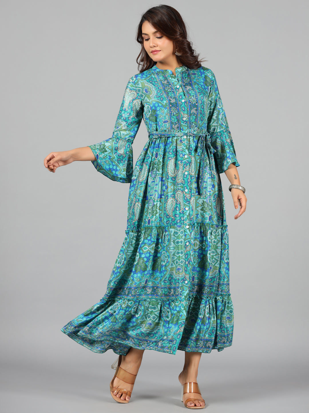 Juniper Women Blue Kasturi Silk Printed Tiered Maxi Dress