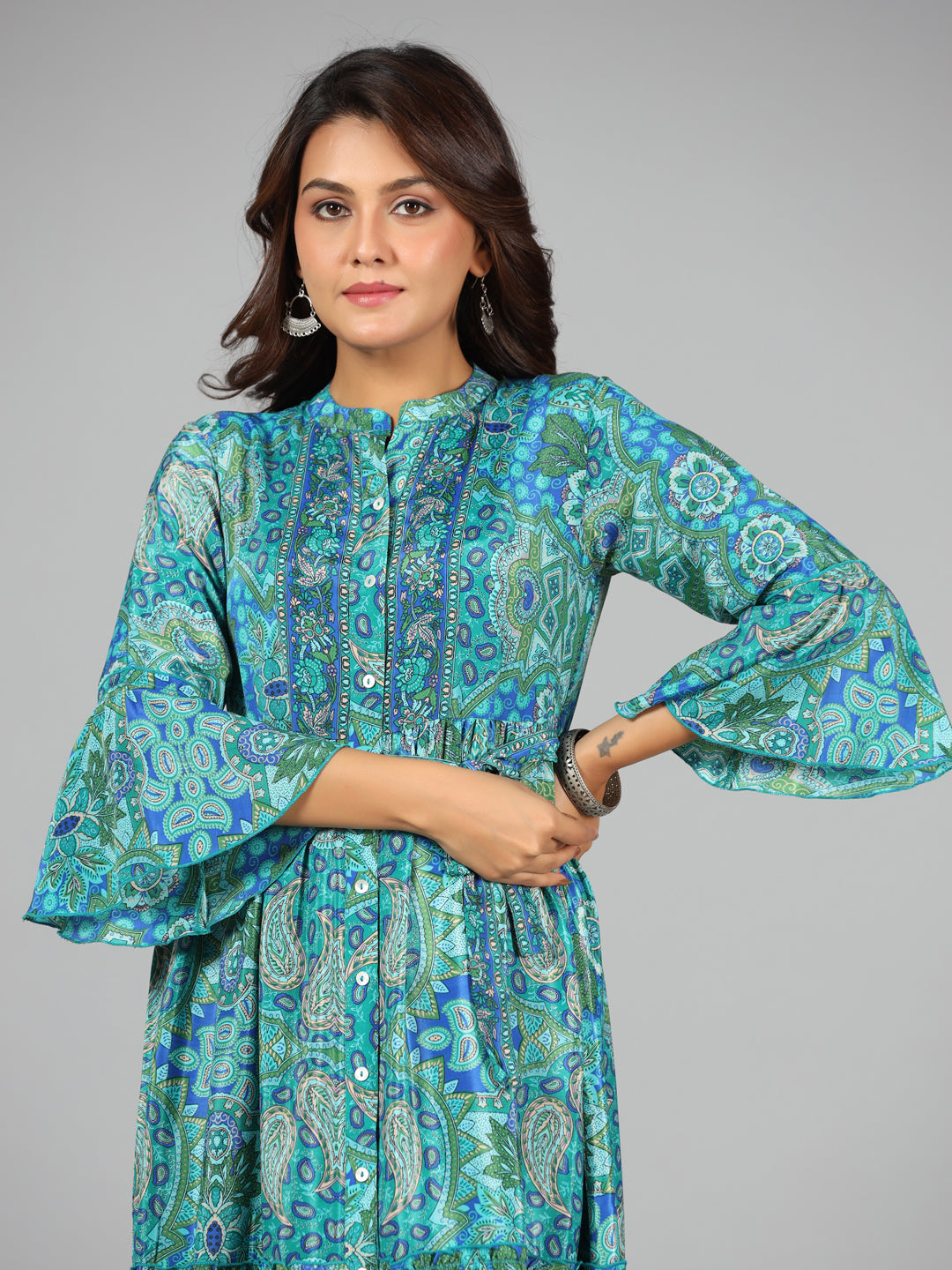 Juniper Women Blue Kasturi Silk Printed Tiered Maxi Dress