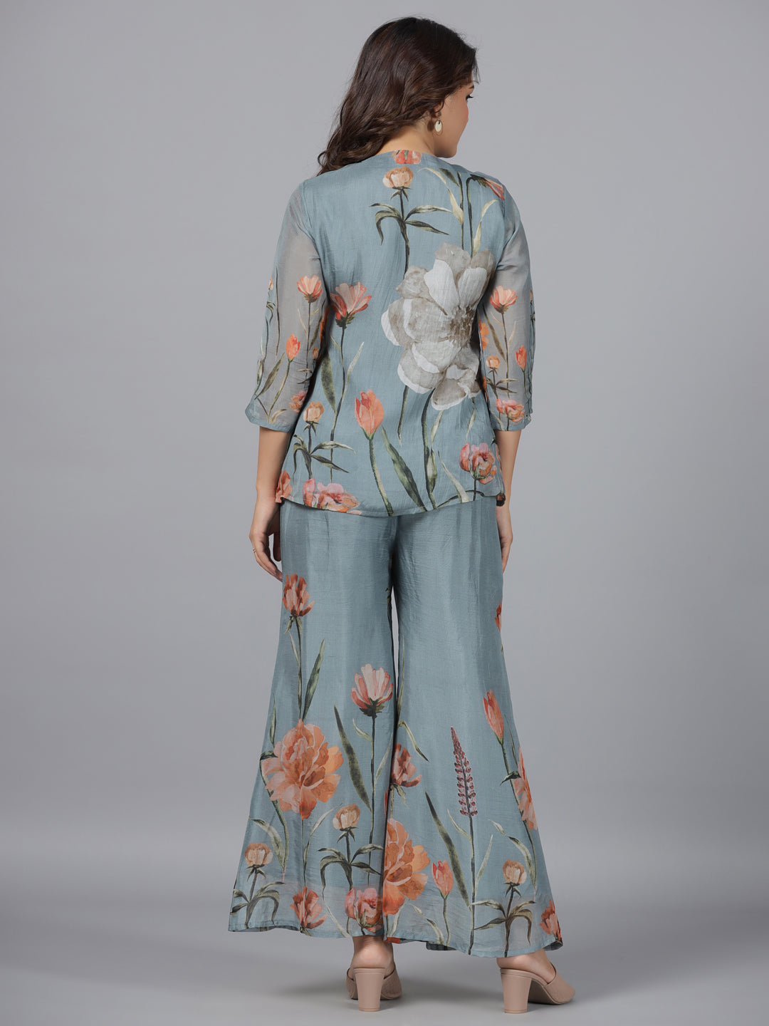 Juniper Grey Floral Printed Organza Printed Tunic & Sequins