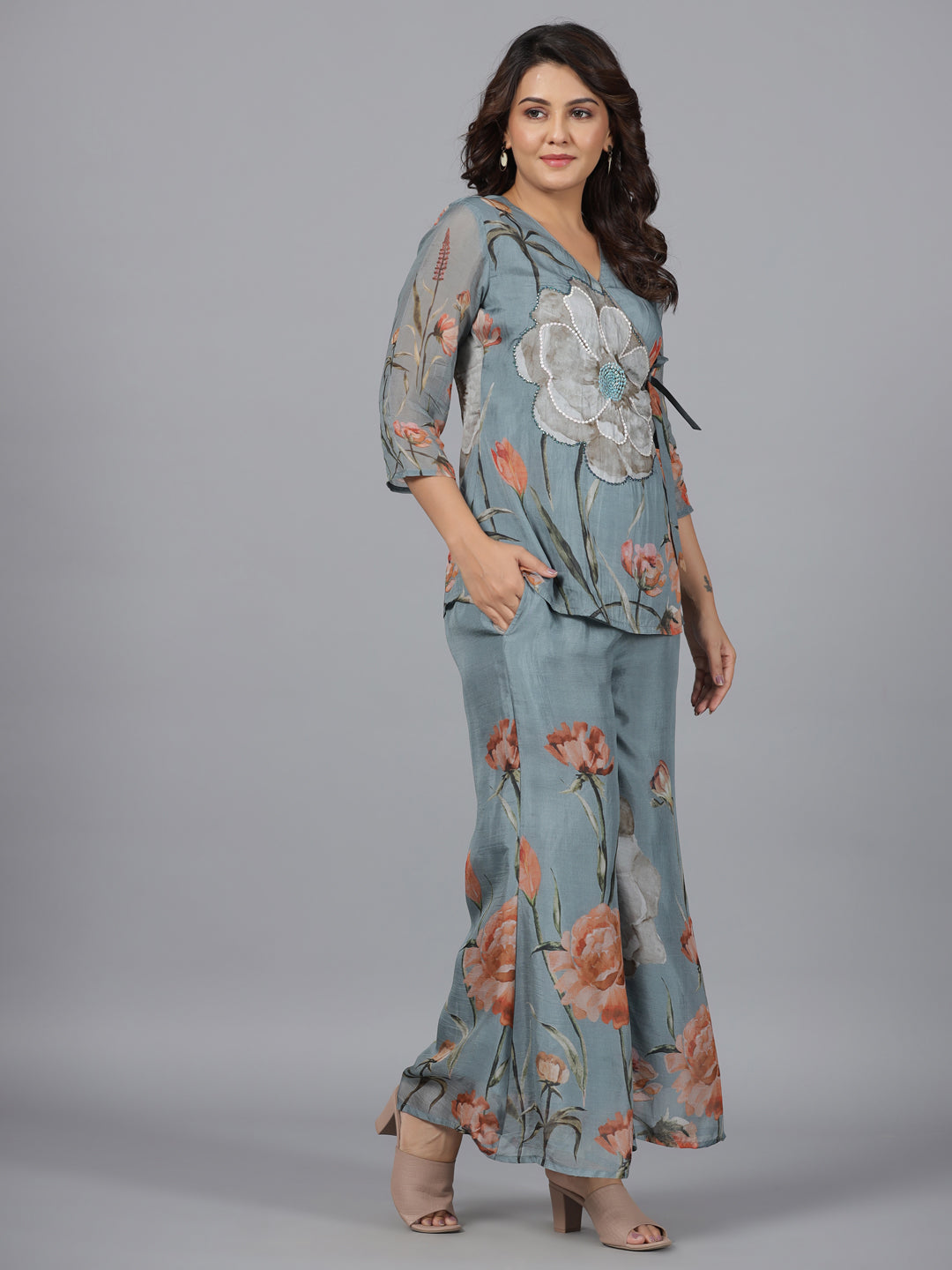Juniper Grey Floral Printed Organza Printed Tunic & Sequins