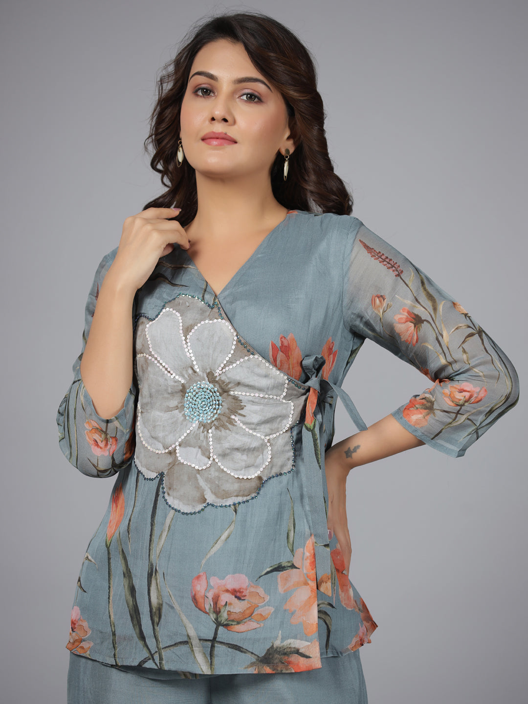 Juniper Grey Floral Printed Organza Printed Tunic & Sequins